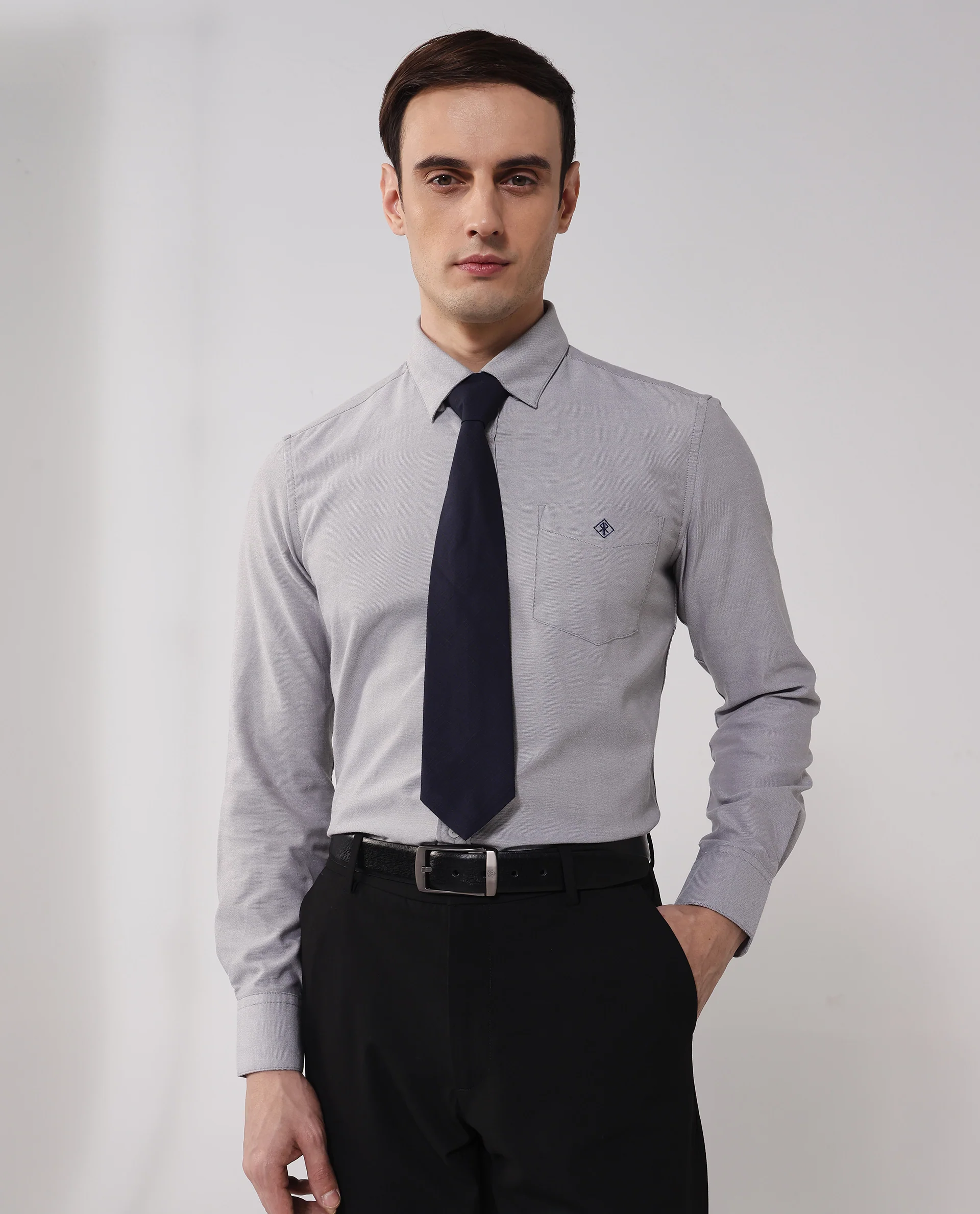 Rare Rabbit Men's Oxfom Grey Cotton Embroidered Regular Fit Full Sleeve Collared Shirt - Image 2