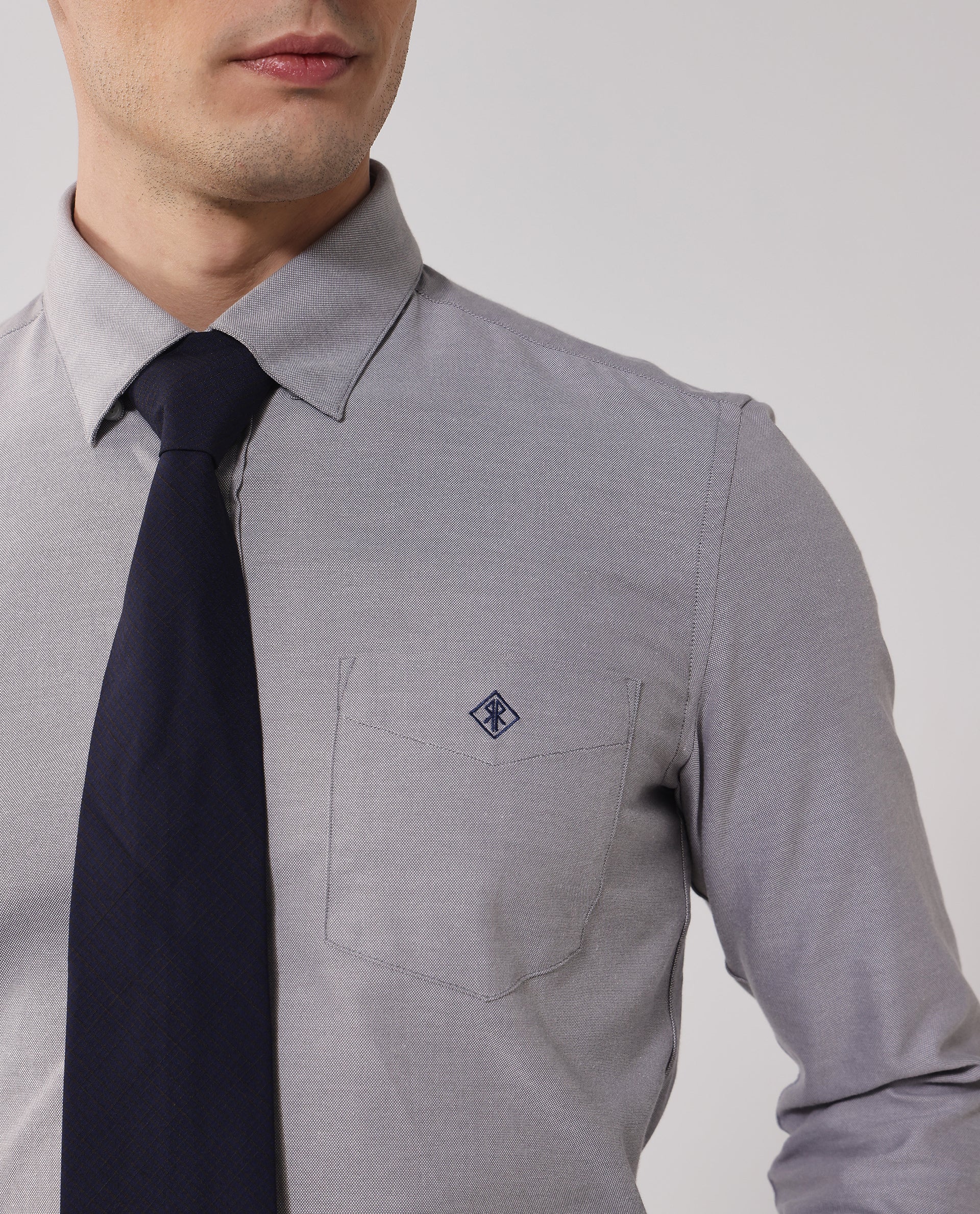 Rare Rabbit Men's Oxfom Grey Cotton Embroidered Regular Fit Full Sleeve Collared Shirt - Image 3