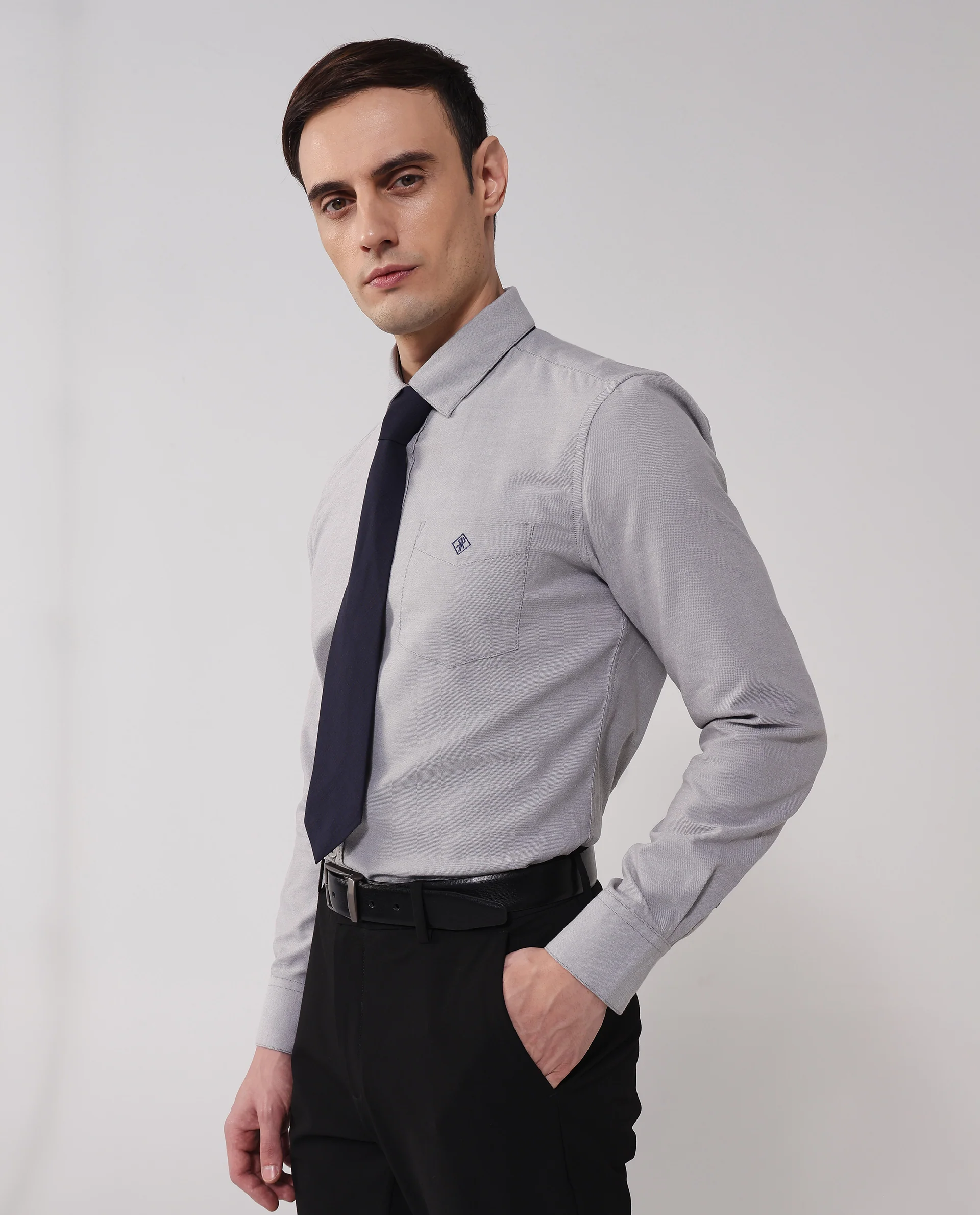 Rare Rabbit Men's Oxfom Grey Cotton Embroidered Regular Fit Full Sleeve Collared Shirt - Image 4