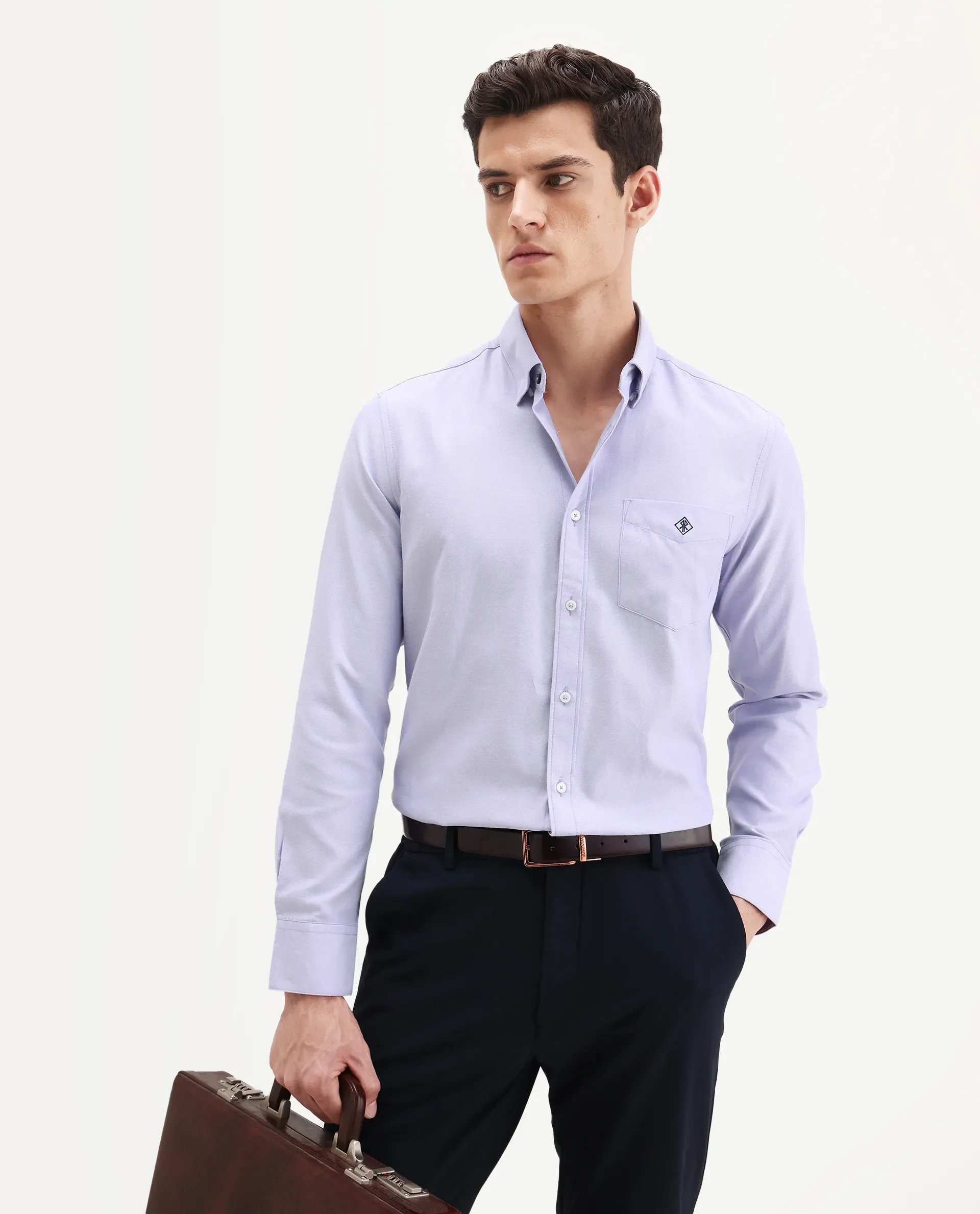 Rare Rabbit Men's Oxfom Light Purple Cotton Embroidered Regular Fit Full Sleeve Collared Shirt