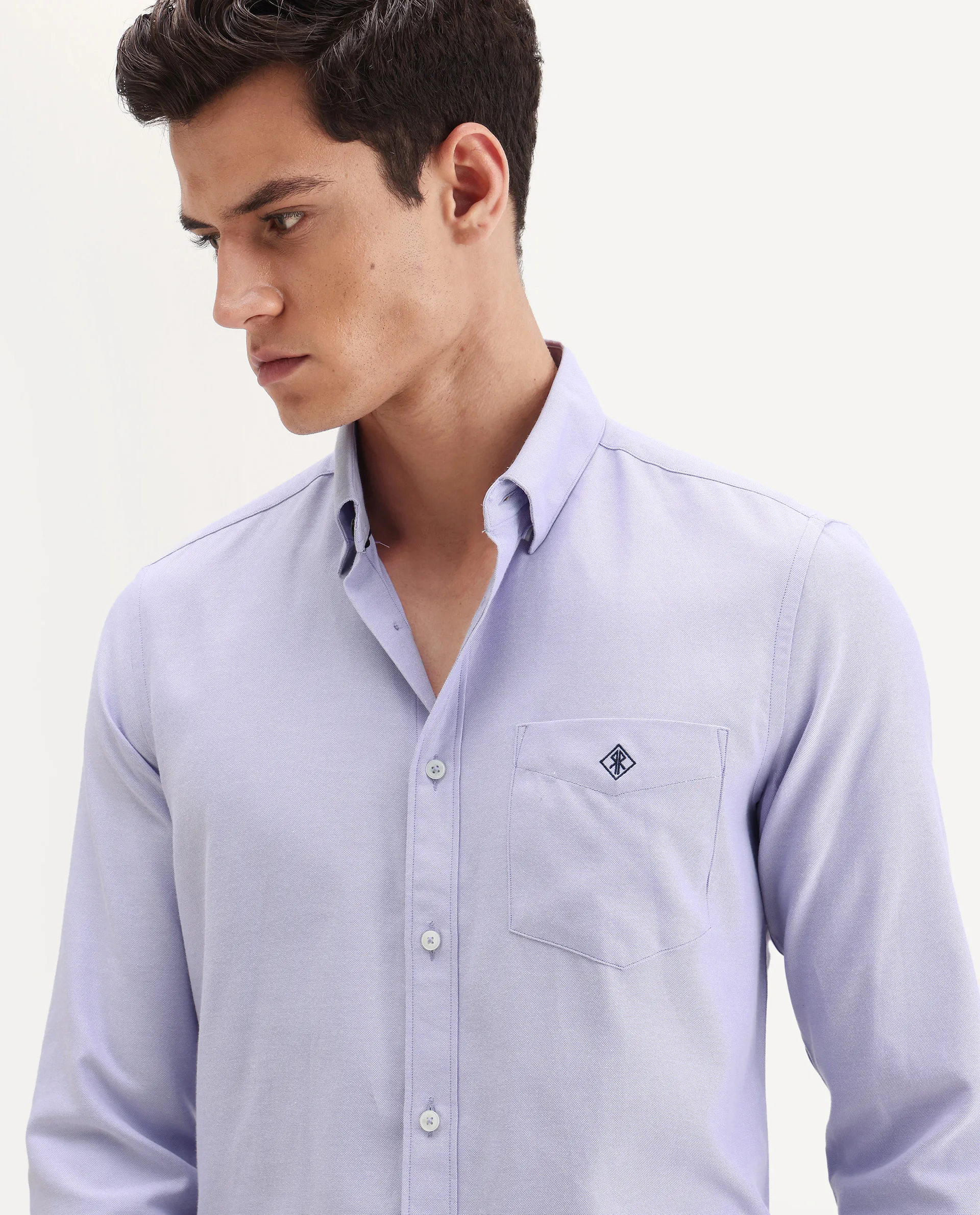 Rare Rabbit Men's Oxfom Light Purple Cotton Embroidered Regular Fit Full Sleeve Collared Shirt - Image 3