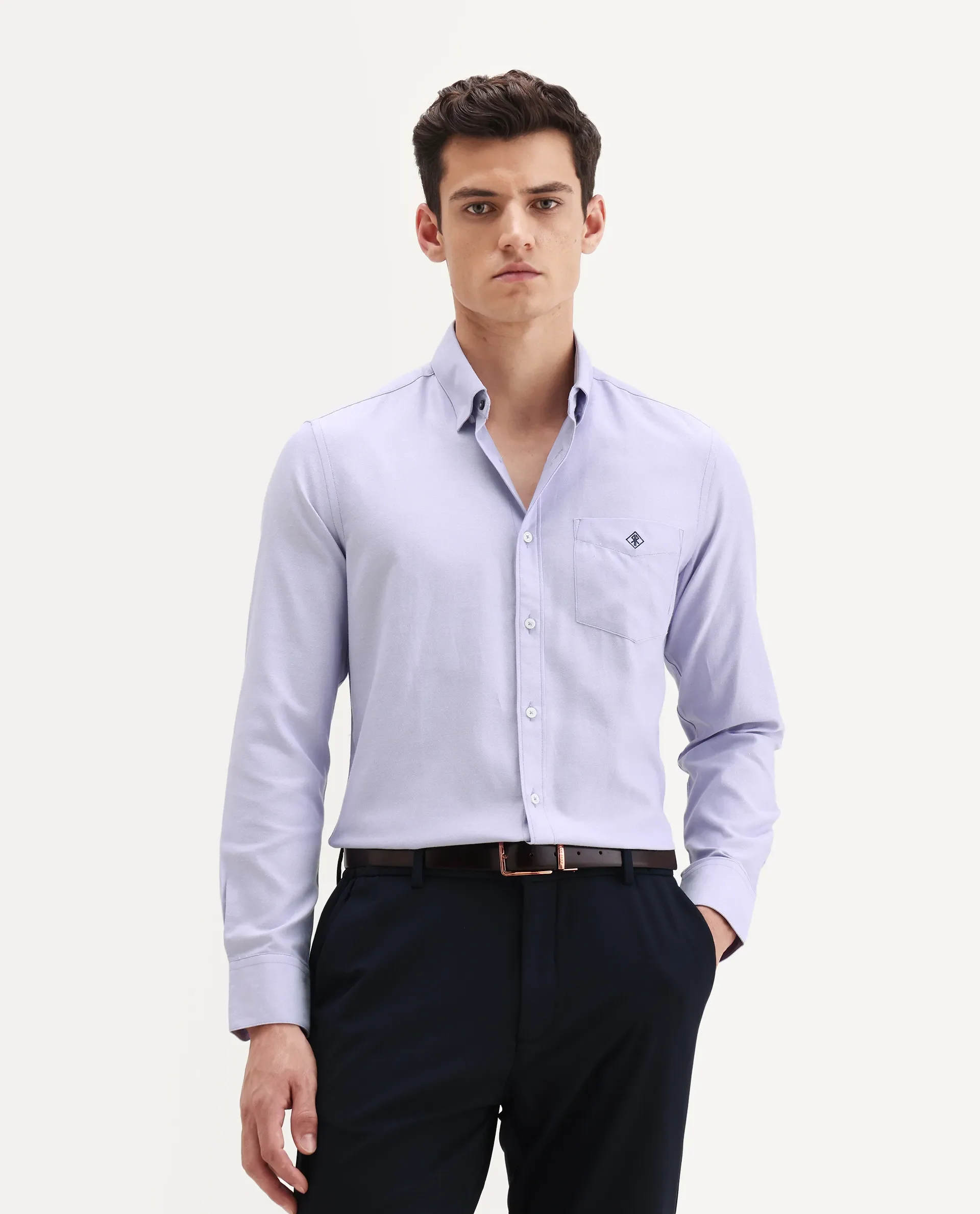 Rare Rabbit Men's Oxfom Light Purple Cotton Embroidered Regular Fit Full Sleeve Collared Shirt - Image 4