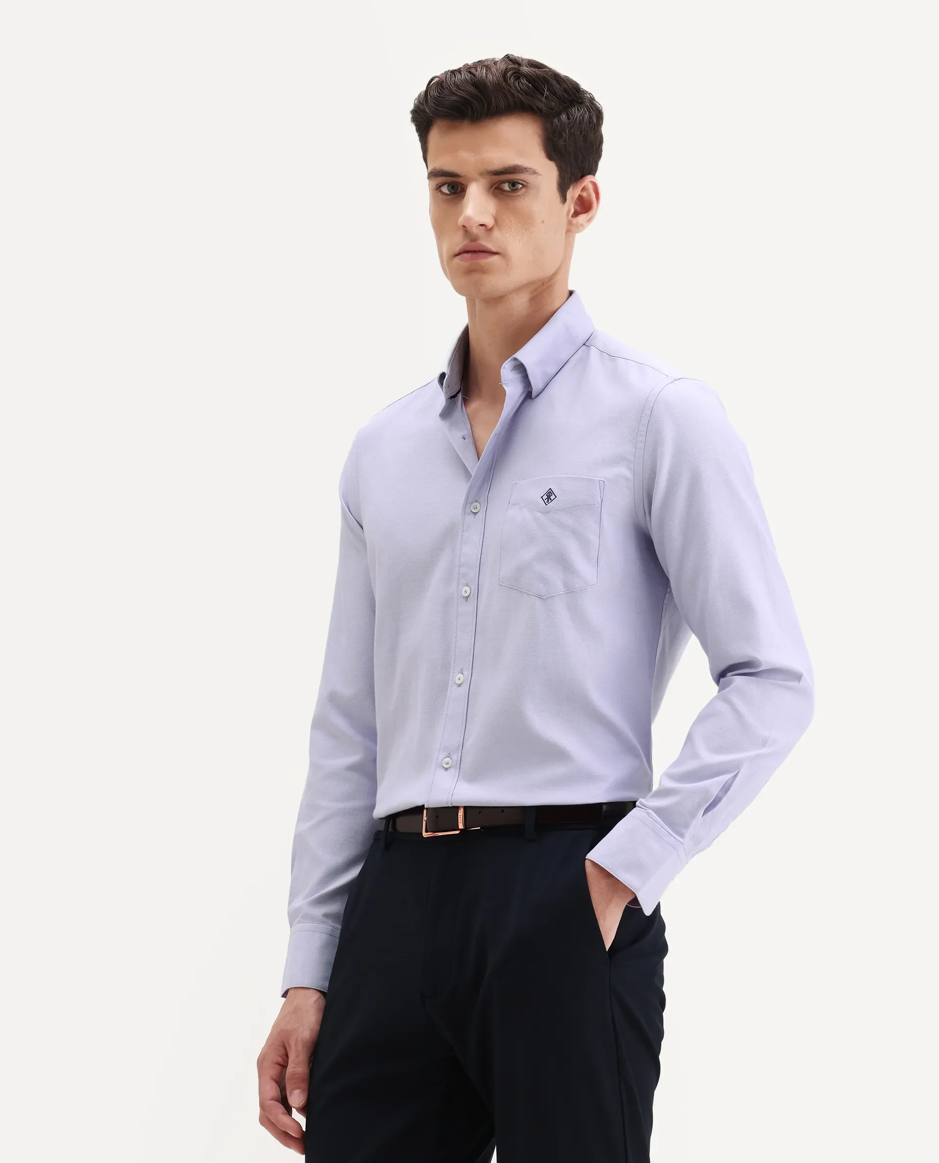Rare Rabbit Men's Oxfom Light Purple Cotton Embroidered Regular Fit Full Sleeve Collared Shirt - Image 5