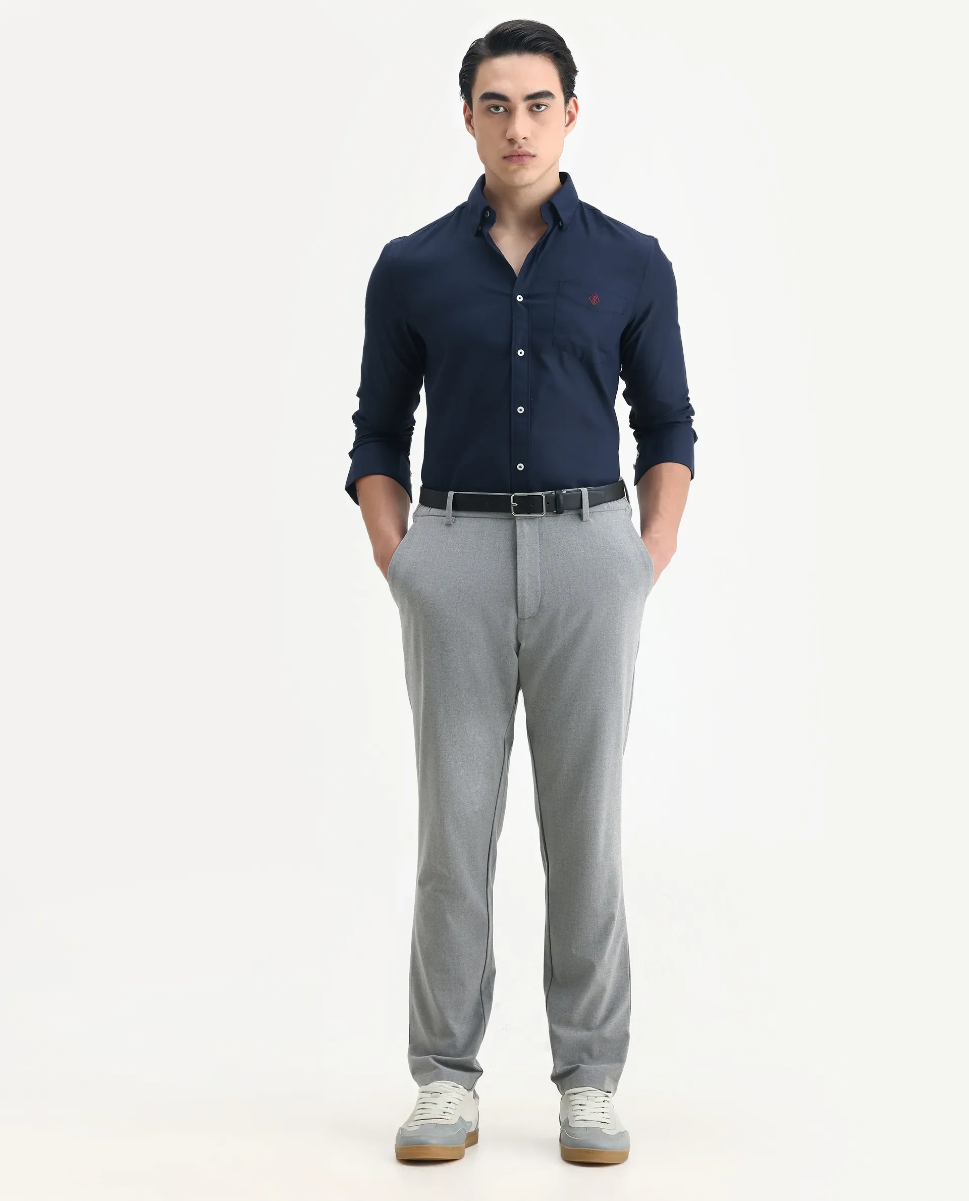 Rare Rabbit Men's Oxfom Navy Cotton Embroidered Regular Fit Full Sleeve Collared Shirt - Image 2