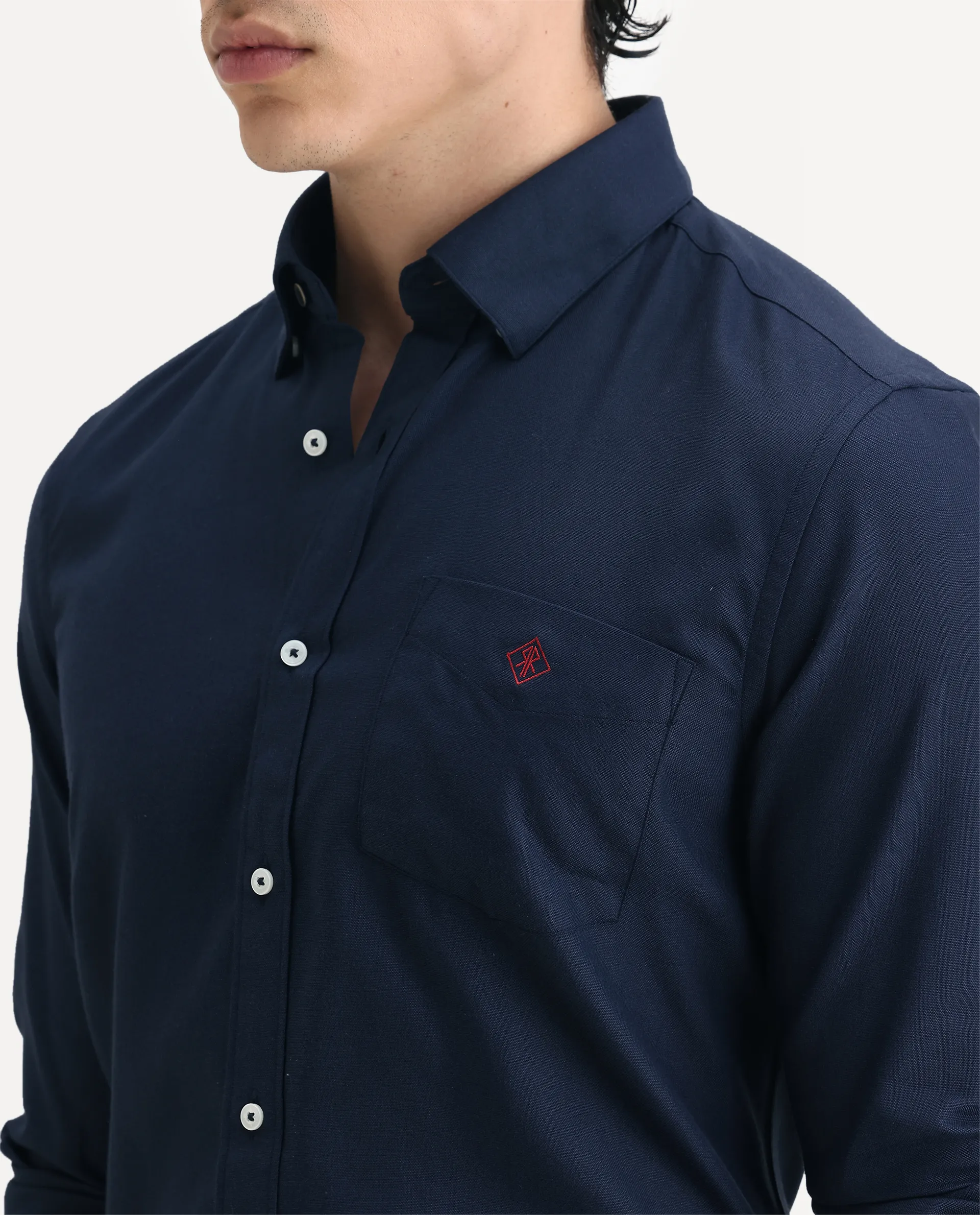 Rare Rabbit Men's Oxfom Navy Cotton Embroidered Regular Fit Full Sleeve Collared Shirt - Image 3