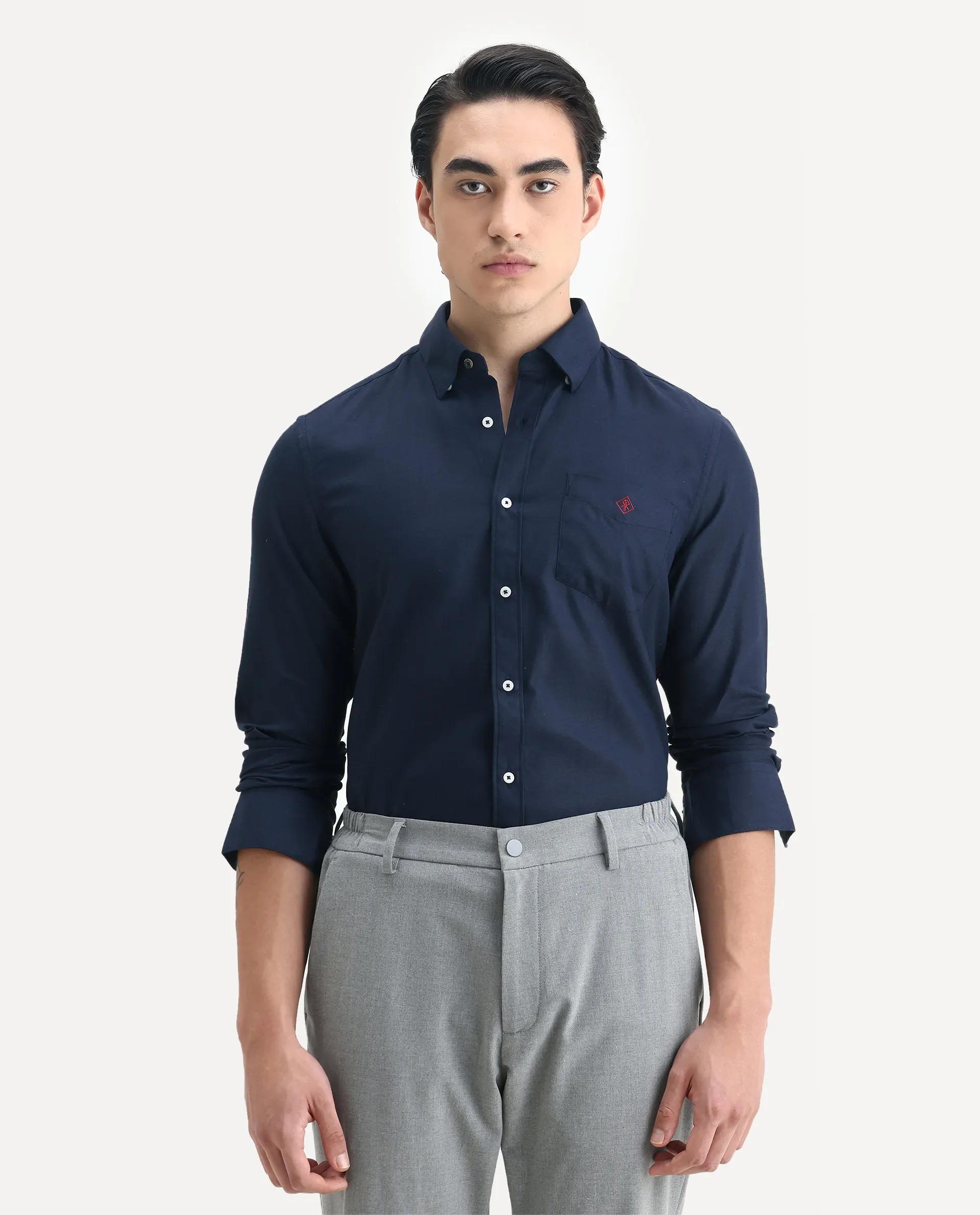 Rare Rabbit Men's Oxfom Navy Cotton Embroidered Regular Fit Full Sleeve Collared Shirt - Image 4