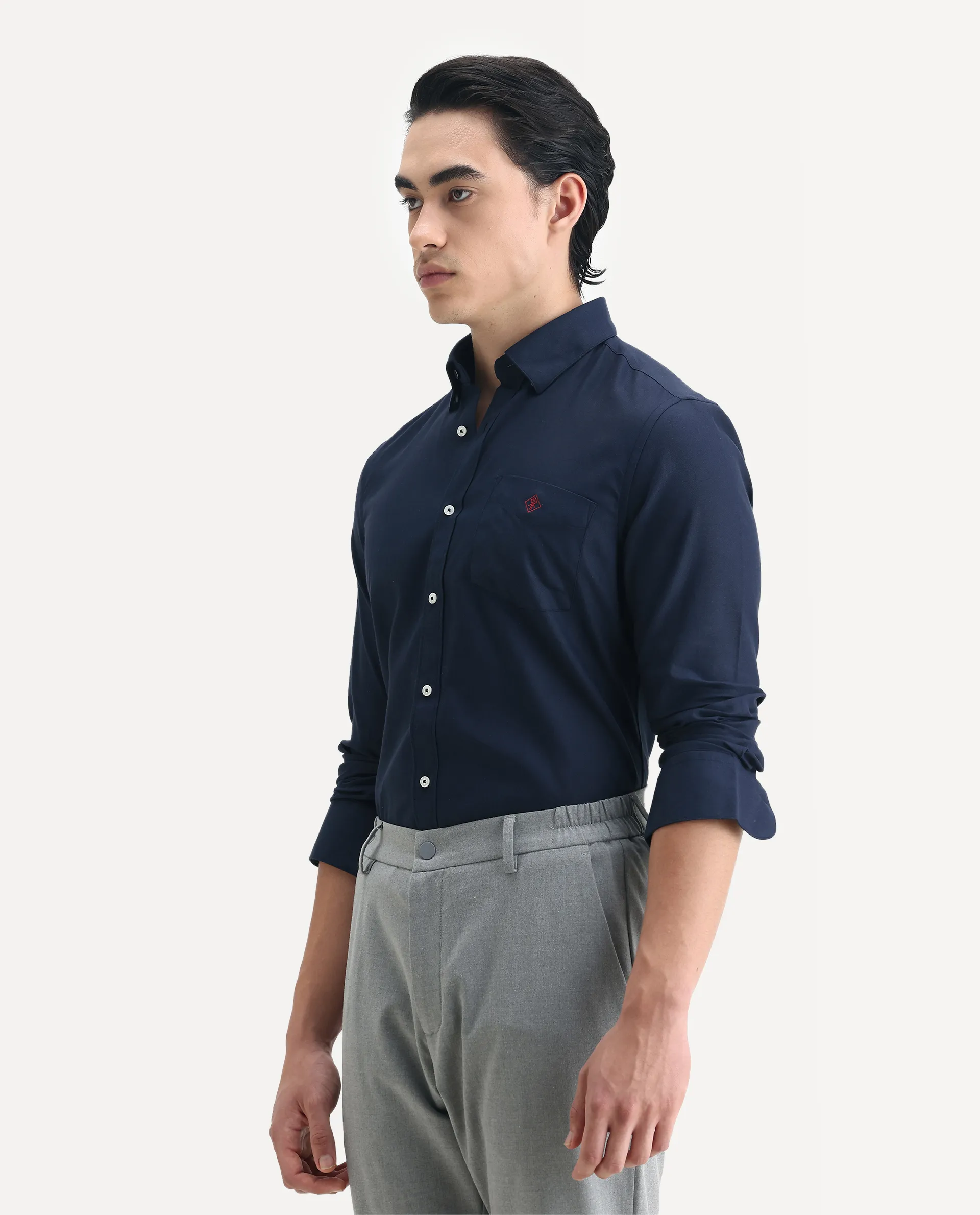 Rare Rabbit Men's Oxfom Navy Cotton Embroidered Regular Fit Full Sleeve Collared Shirt - Image 5