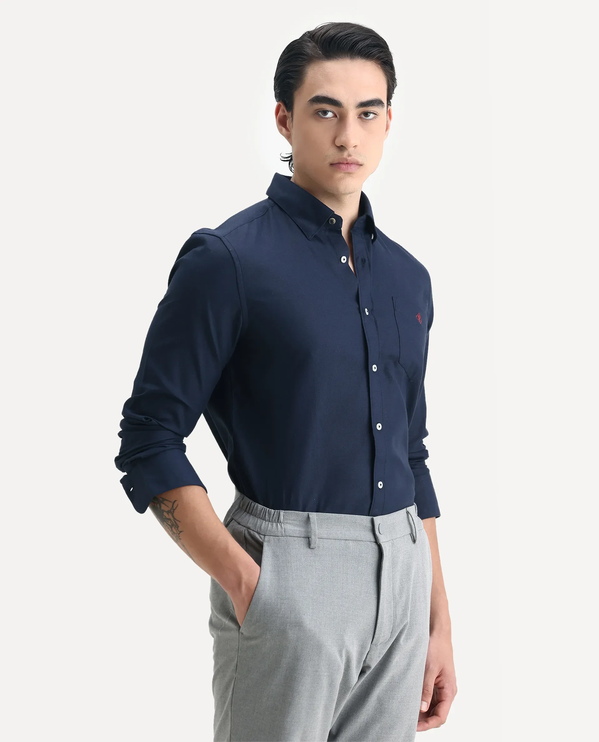 Rare Rabbit Men's Oxfom Navy Cotton Embroidered Regular Fit Full Sleeve Collared Shirt - Image 6