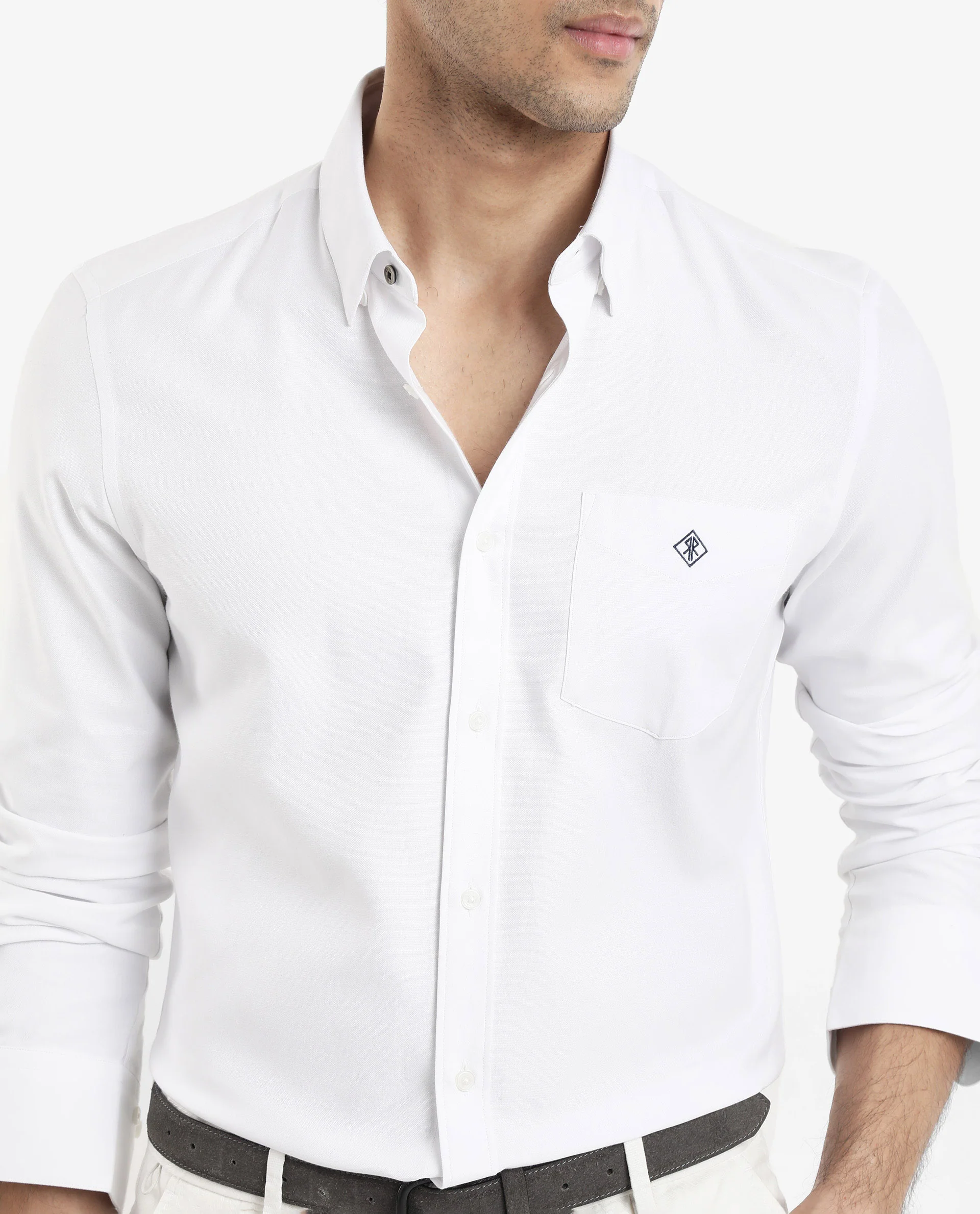 Rare Rabbit Men's Oxfom White Cotton Embroidered Regular Fit Full Sleeve Collared Shirt - Image 4