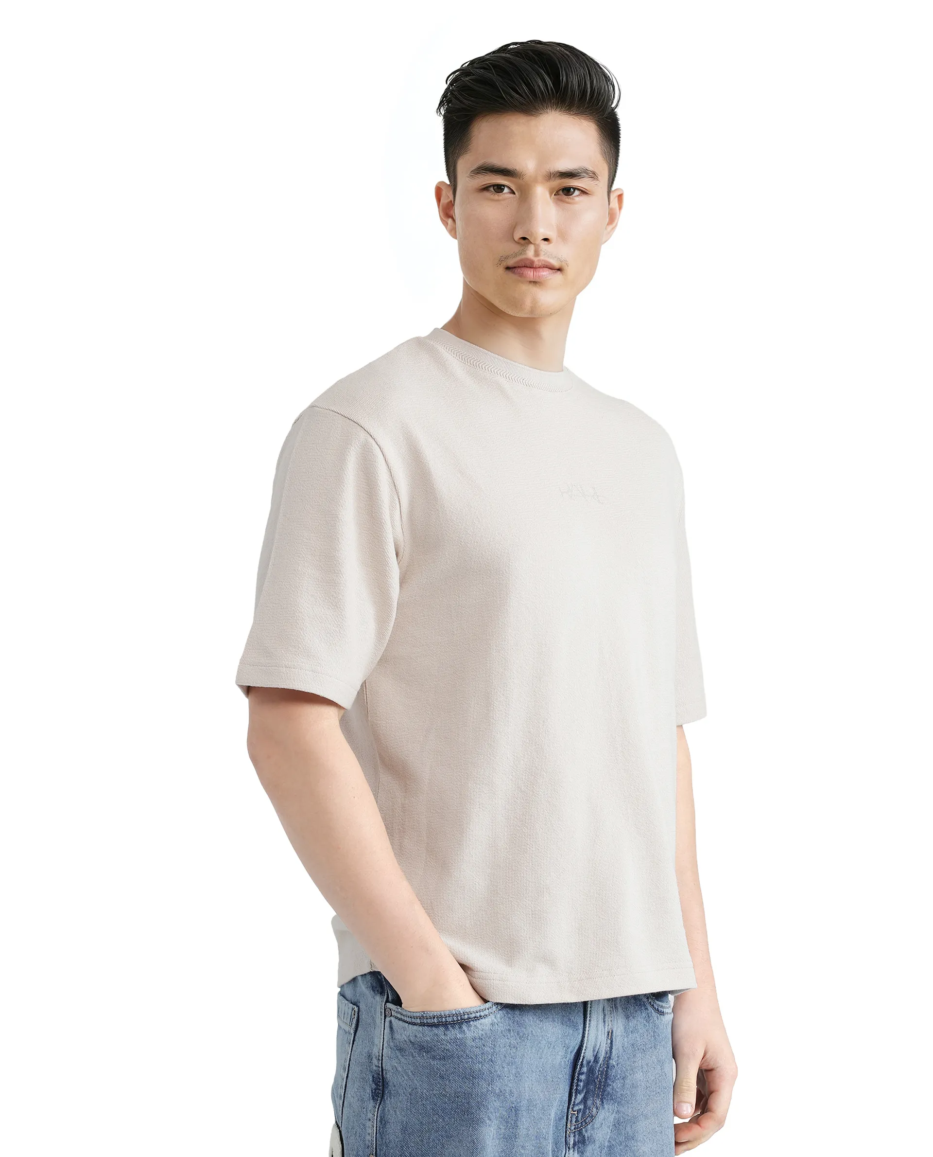 Rare Rabbit Men's Oxi Beige Cotton Plain Boxy Fit Half Sleeve Crew Neck T-Shirt - Image 2