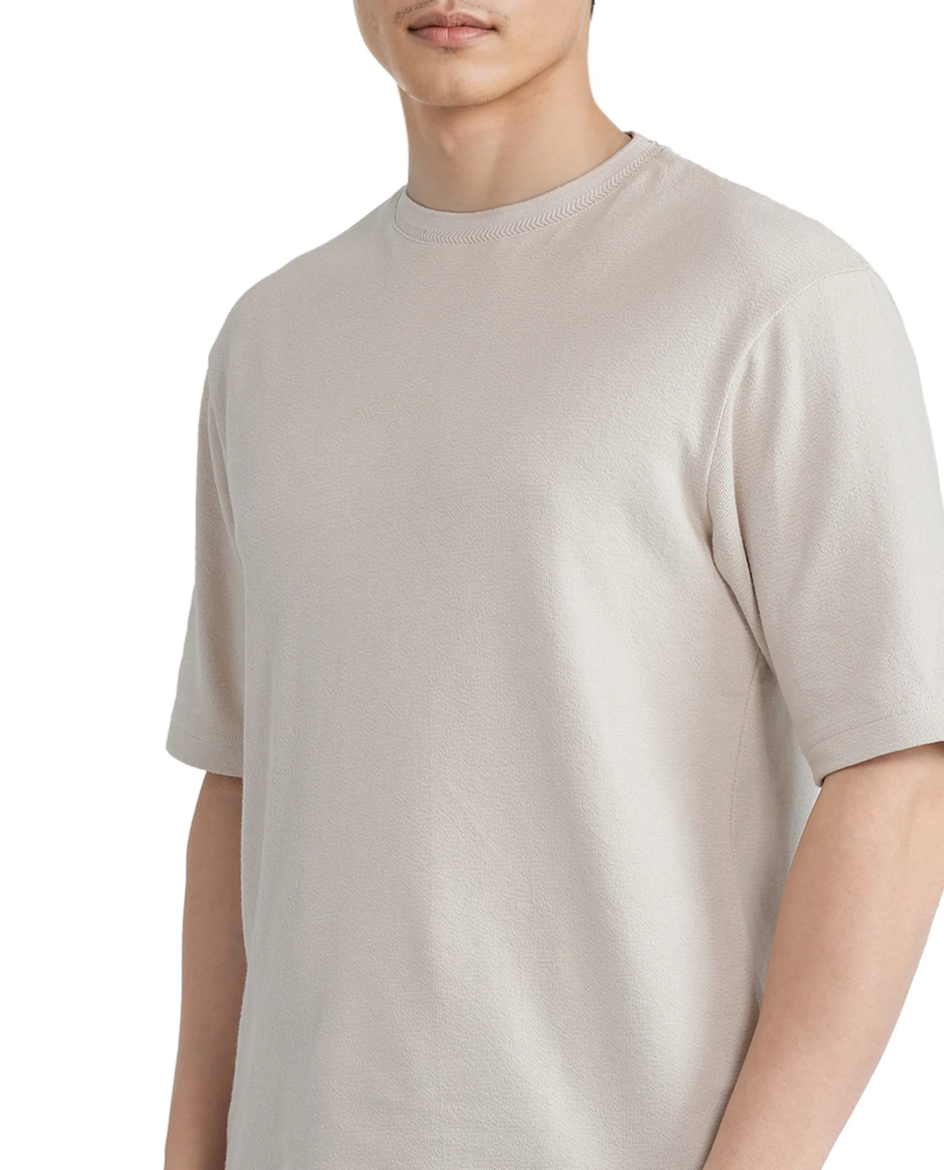 Rare Rabbit Men's Oxi Beige Cotton Plain Boxy Fit Half Sleeve Crew Neck T-Shirt - Image 4