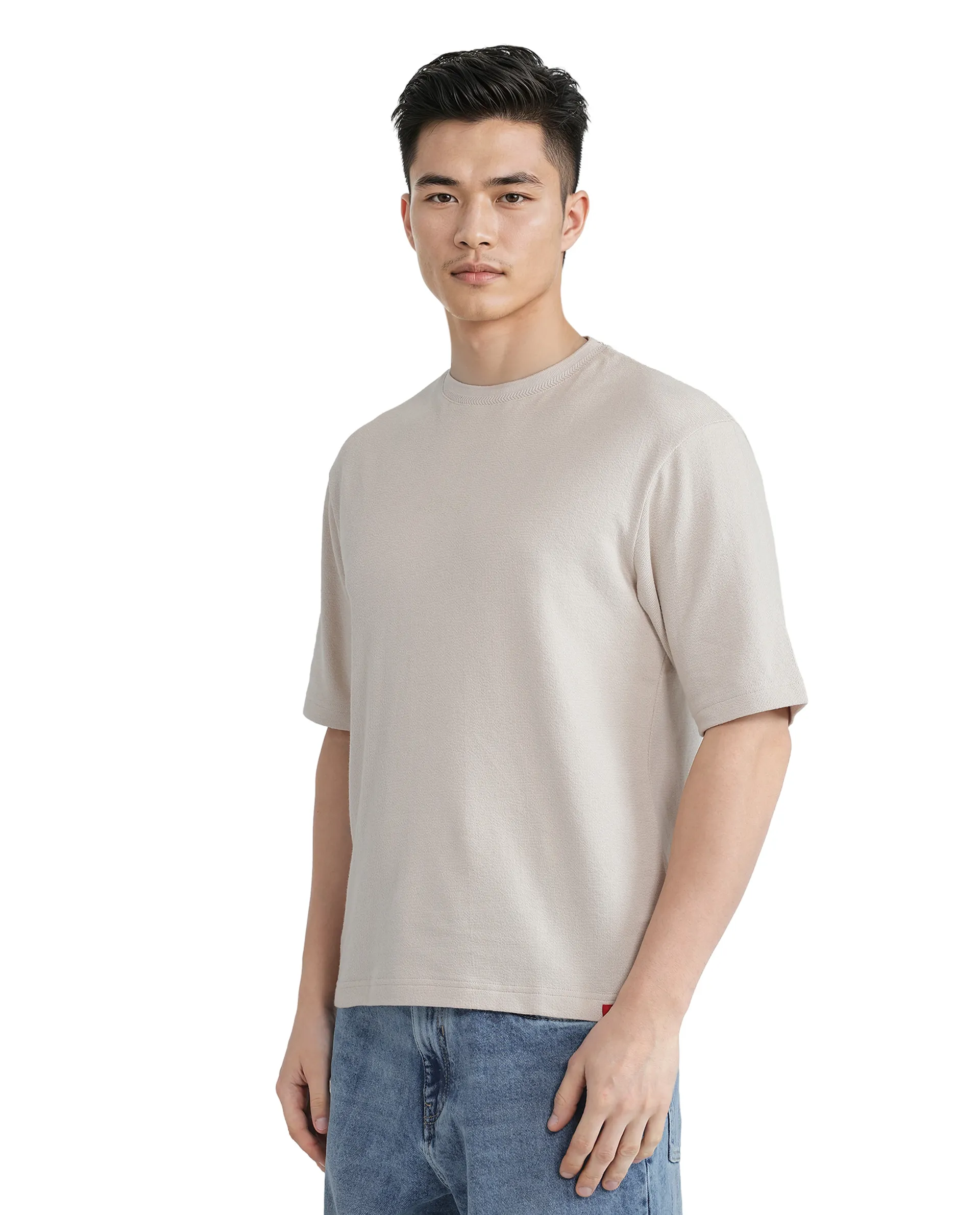 Rare Rabbit Men's Oxi Beige Cotton Plain Boxy Fit Half Sleeve Crew Neck T-Shirt - Image 5