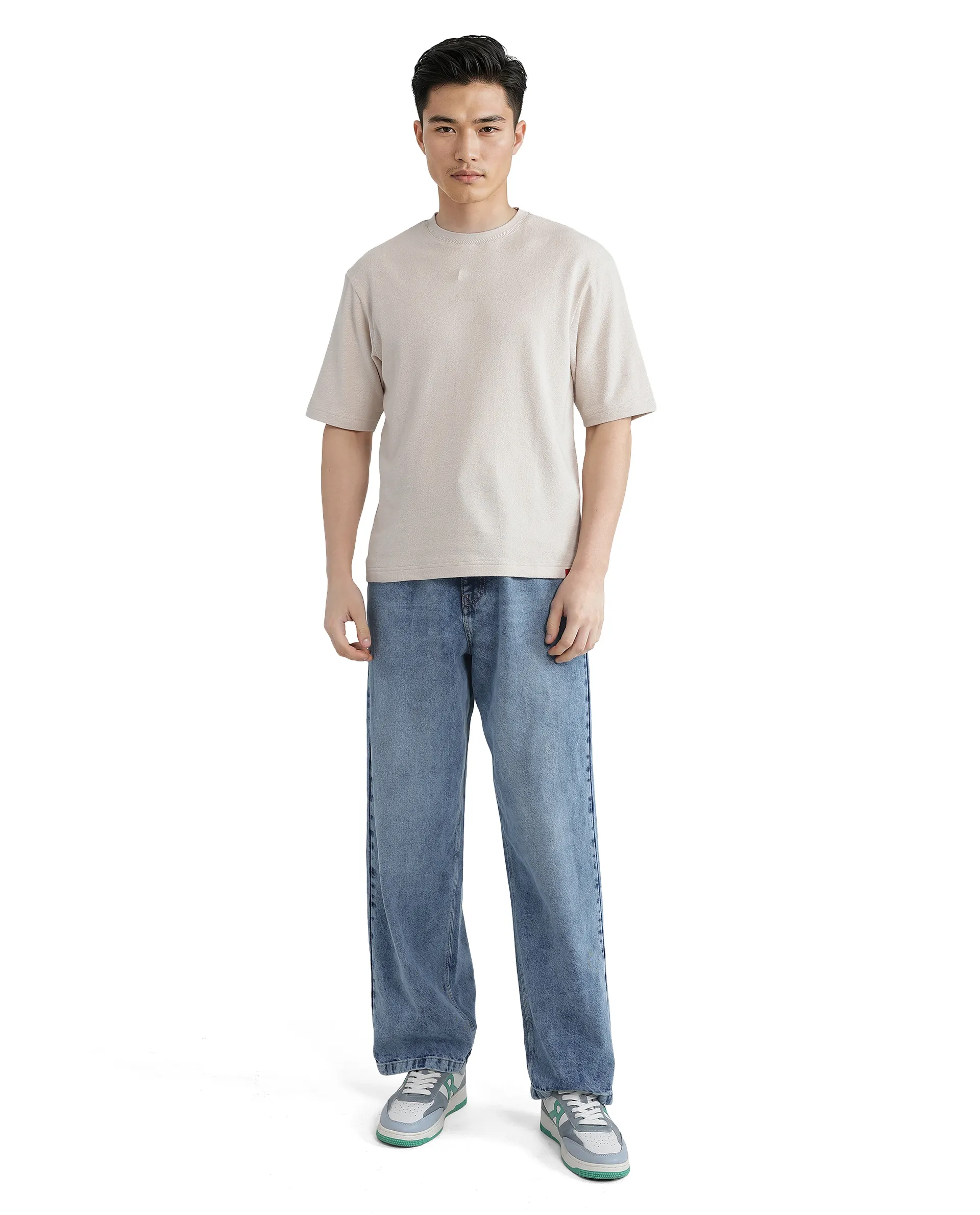 Rare Rabbit Men's Oxi Beige Cotton Plain Boxy Fit Half Sleeve Crew Neck T-Shirt - Image 6