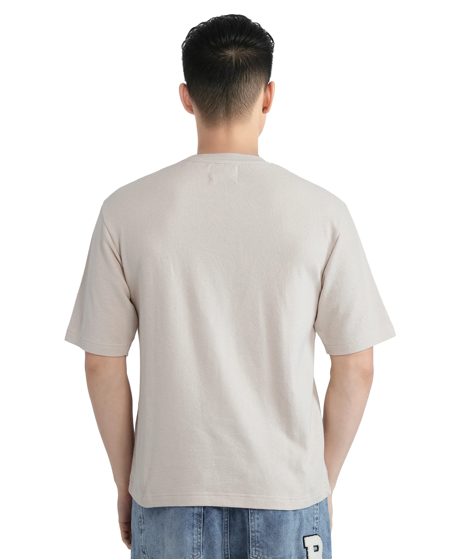 Rare Rabbit Men's Oxi Beige Cotton Plain Boxy Fit Half Sleeve Crew Neck T-Shirt - Image 7