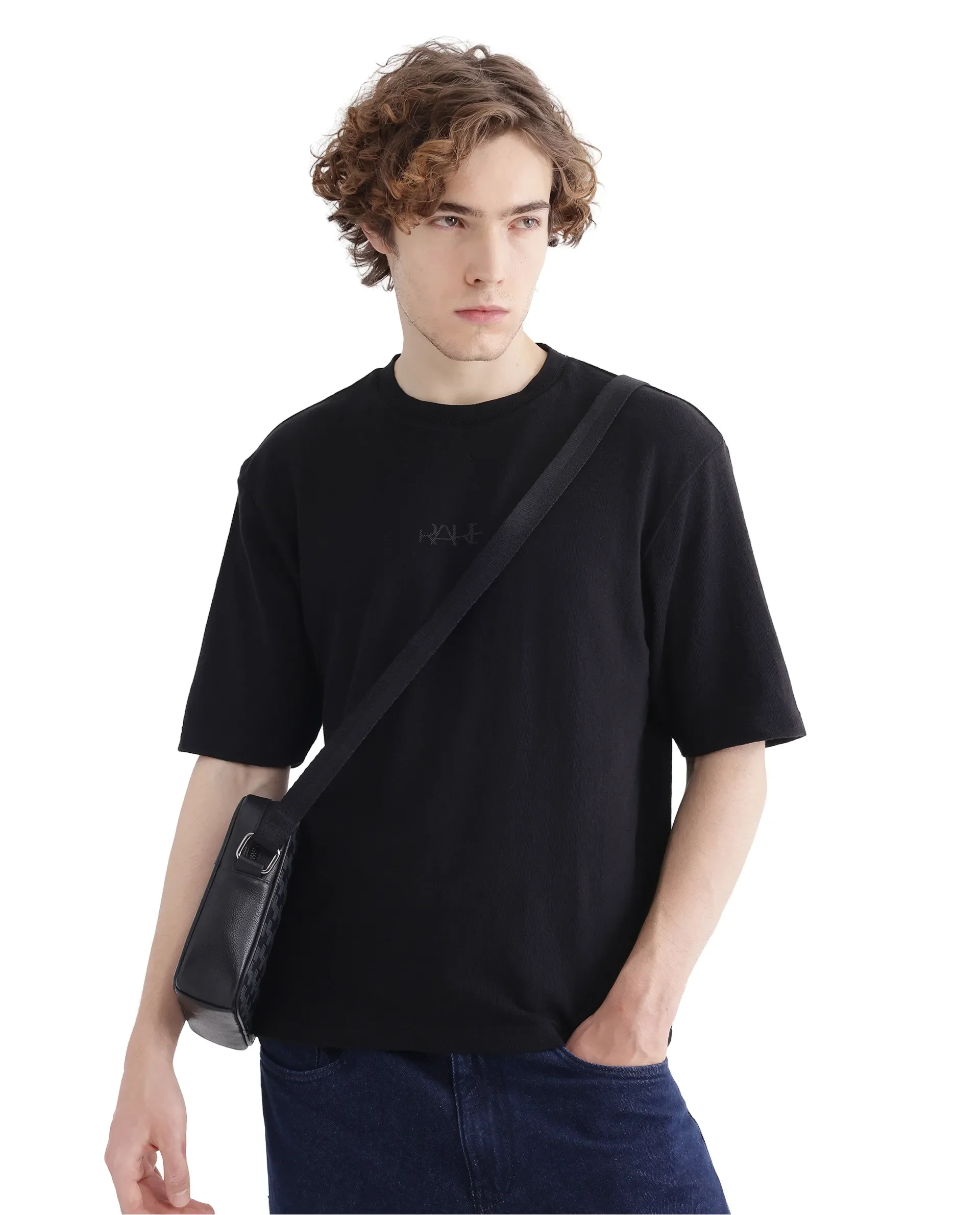 Rare Rabbit Men's Oxi Black Cotton Plain Boxy Fit Half Sleeve Crew Neck T-Shirt - Image 2