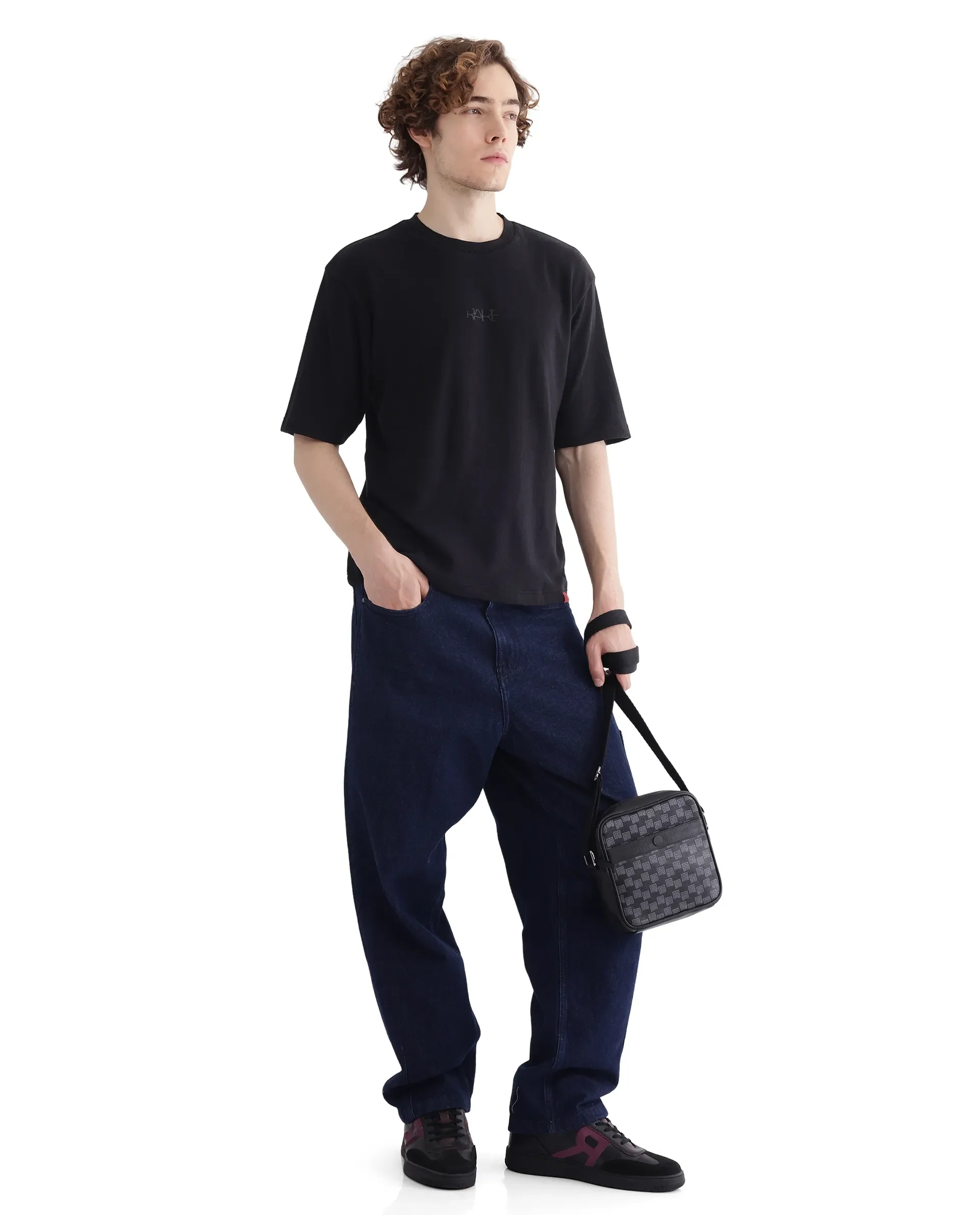 Rare Rabbit Men's Oxi Black Cotton Plain Boxy Fit Half Sleeve Crew Neck T-Shirt - Image 3