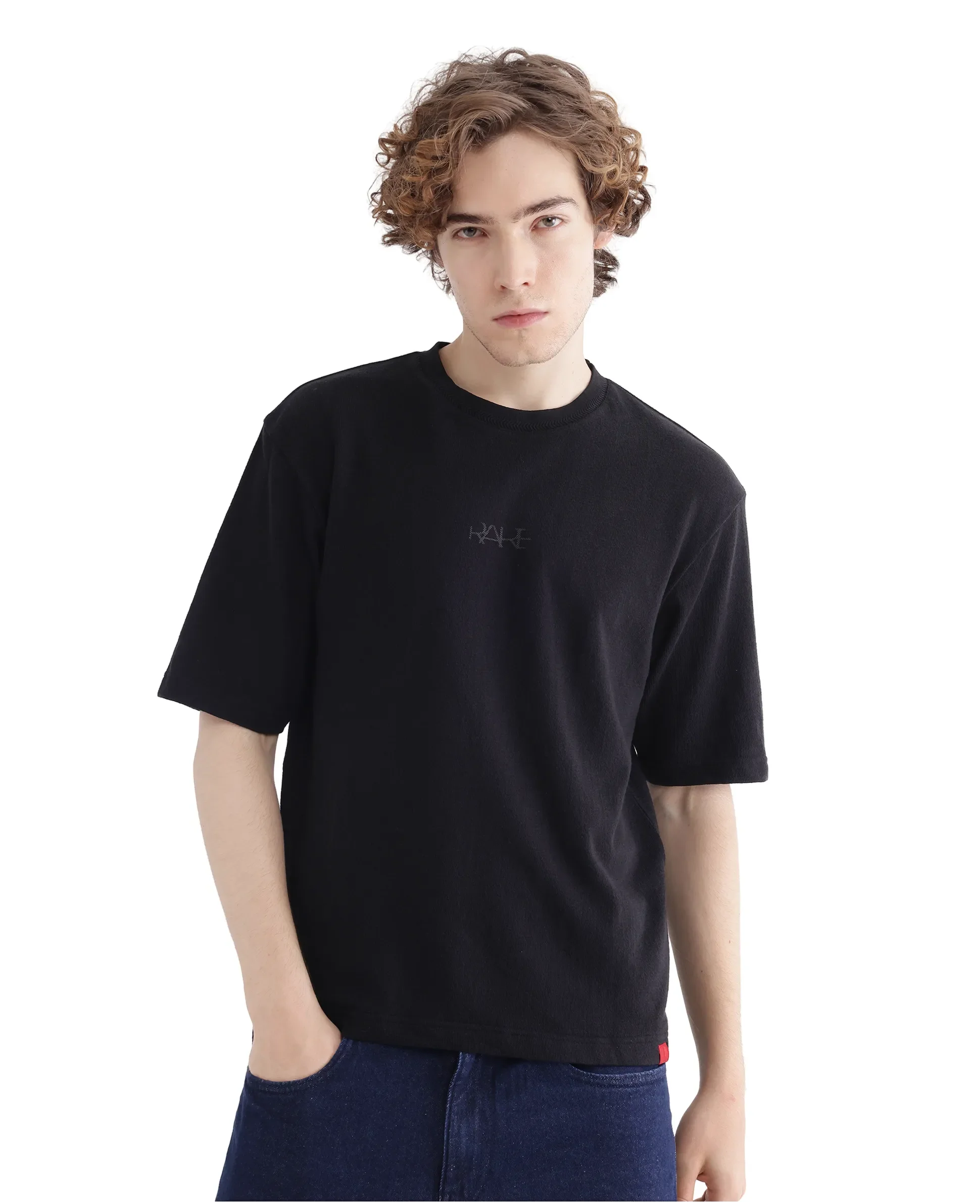 Rare Rabbit Men's Oxi Black Cotton Plain Boxy Fit Half Sleeve Crew Neck T-Shirt - Image 4