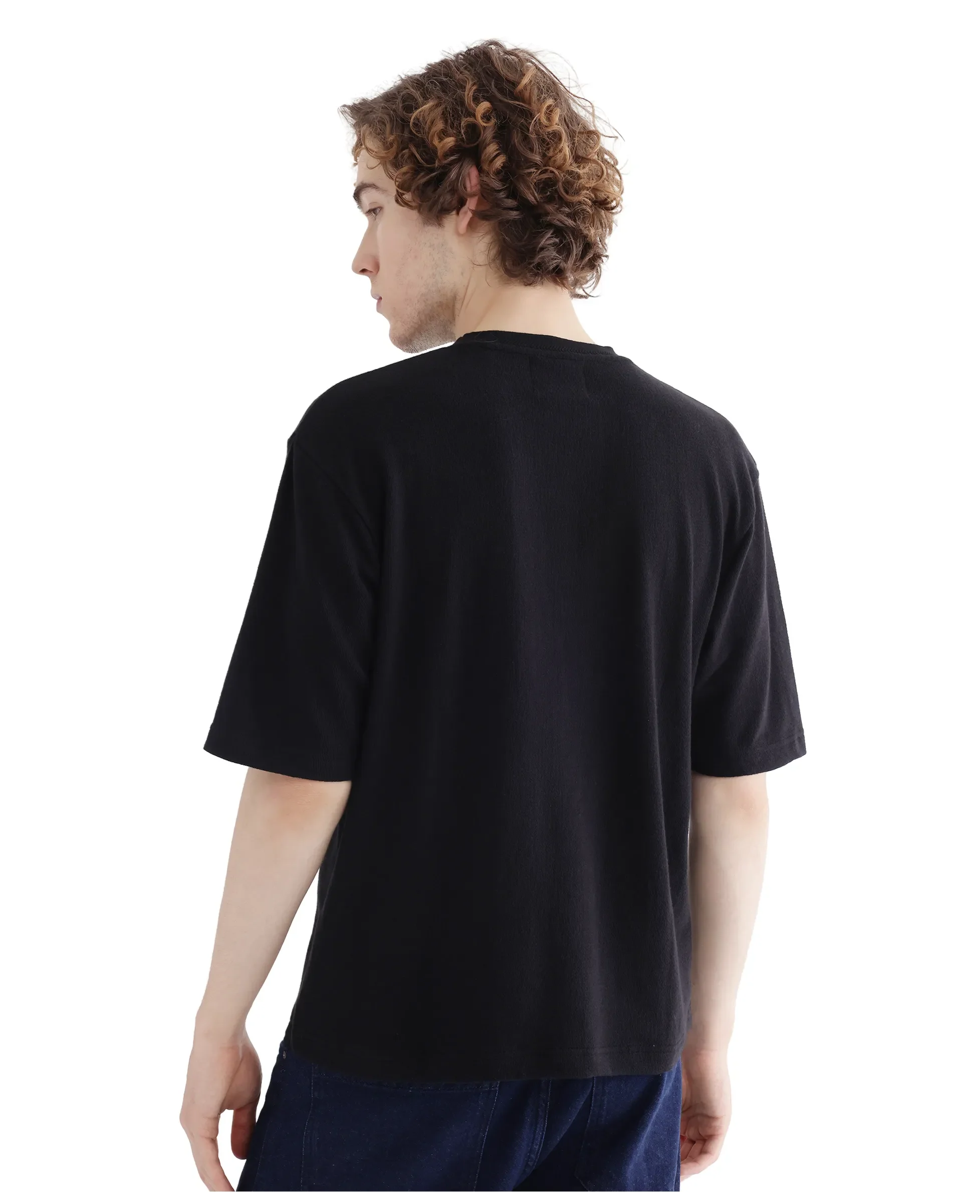 Rare Rabbit Men's Oxi Black Cotton Plain Boxy Fit Half Sleeve Crew Neck T-Shirt - Image 5