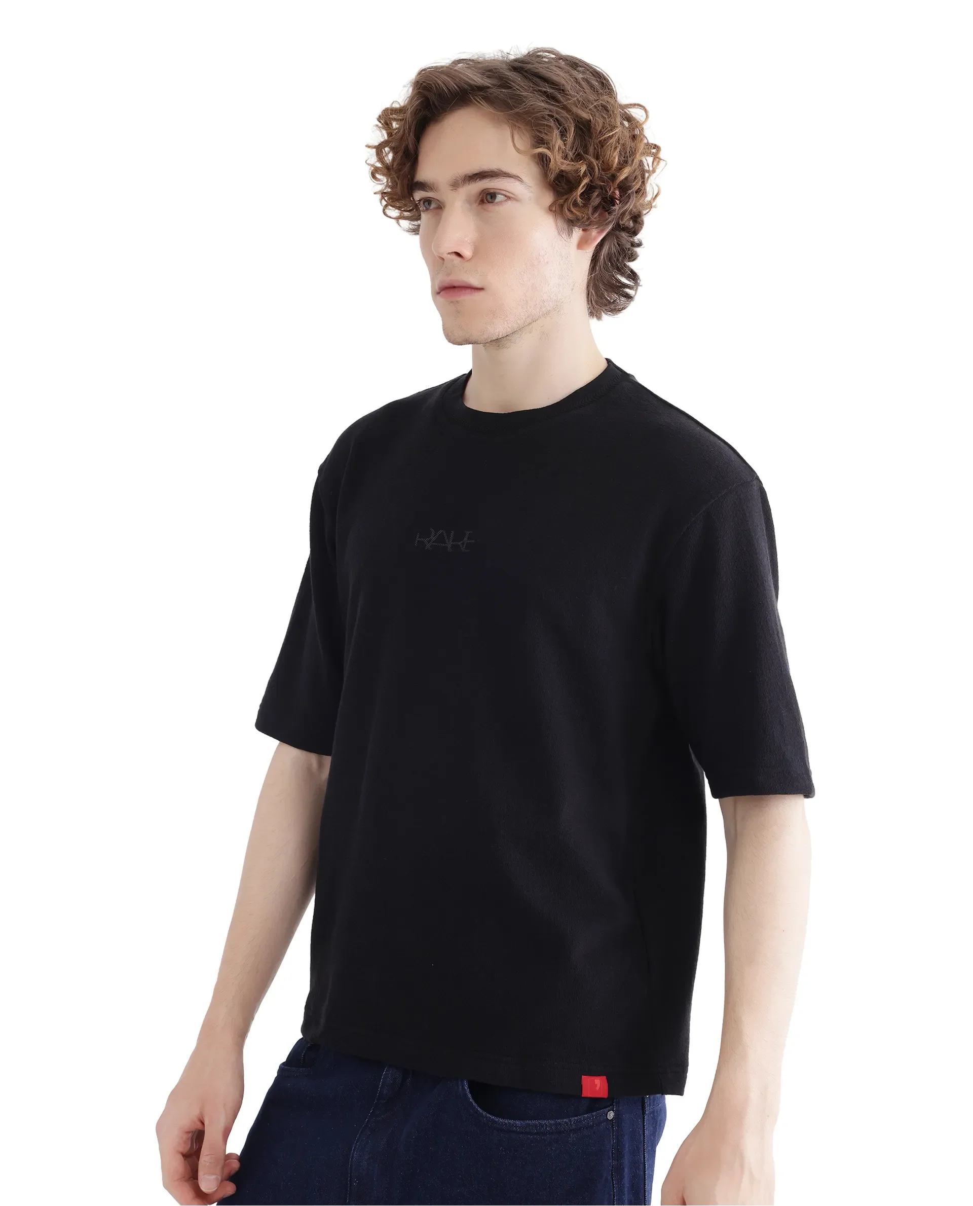 Rare Rabbit Men's Oxi Black Cotton Plain Boxy Fit Half Sleeve Crew Neck T-Shirt - Image 6