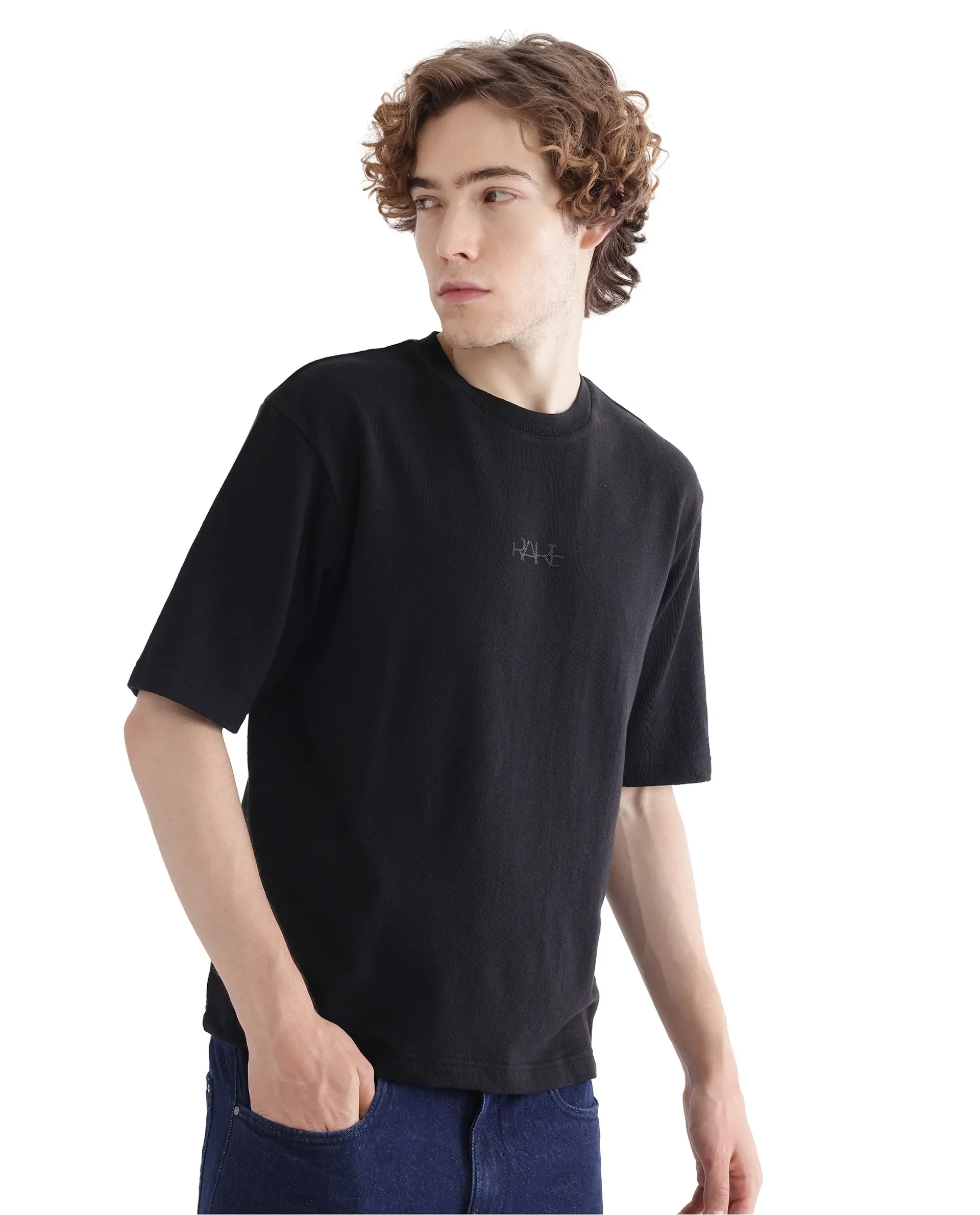 Rare Rabbit Men's Oxi Black Cotton Plain Boxy Fit Half Sleeve Crew Neck T-Shirt - Image 7