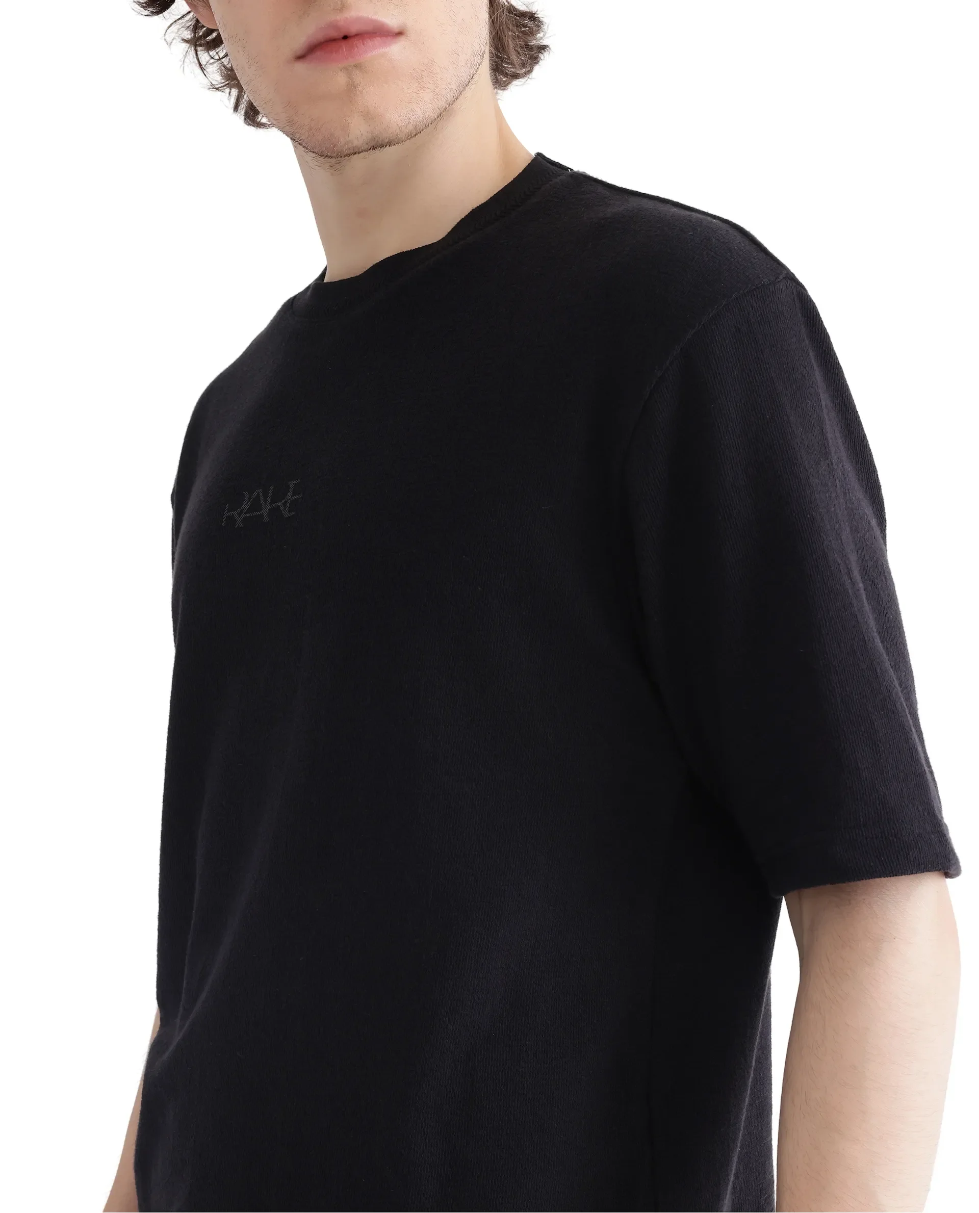 Rare Rabbit Men's Oxi Black Cotton Plain Boxy Fit Half Sleeve Crew Neck T-Shirt - Image 9