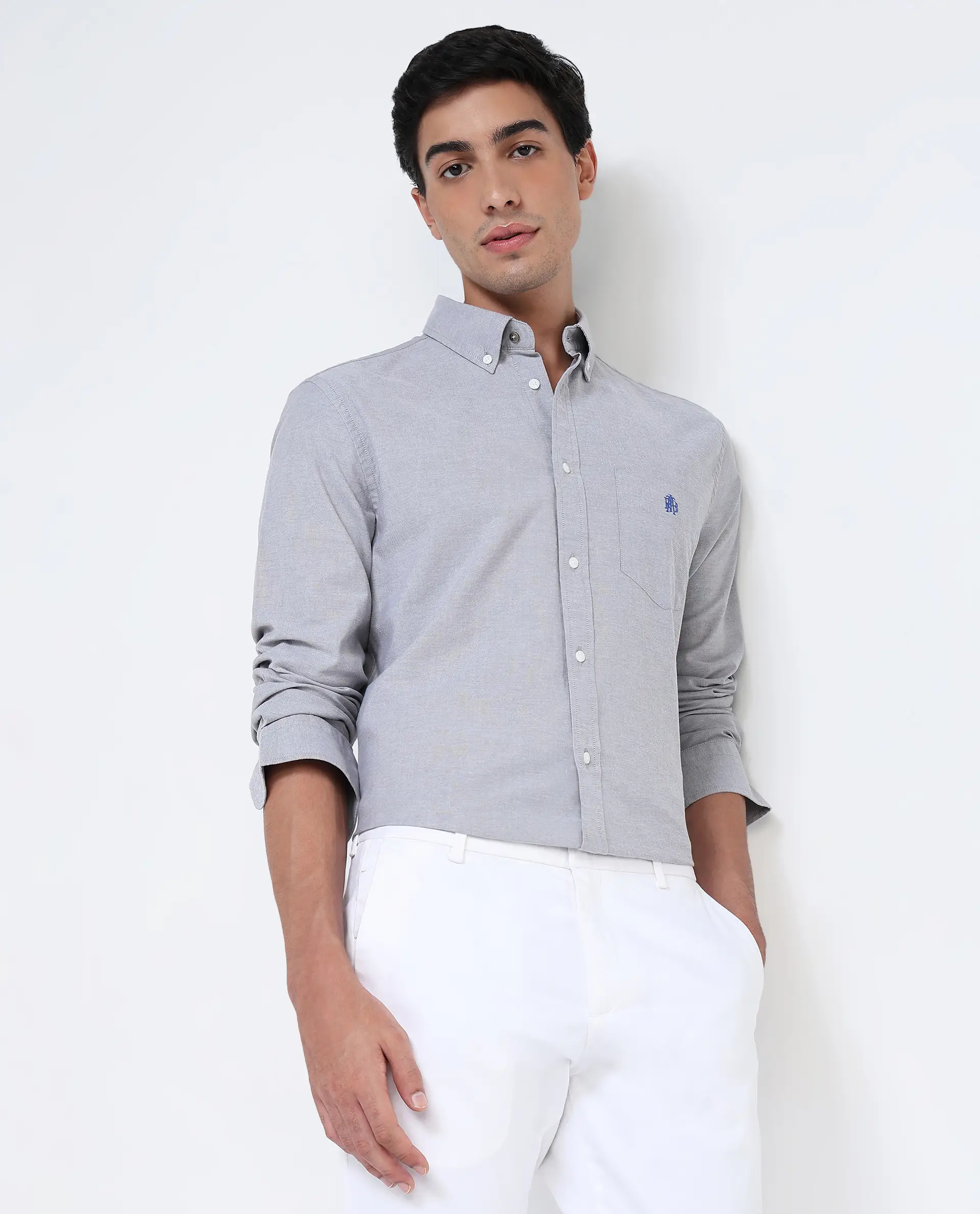 Rare Rabbit Men's Oxo Grey Cotton Blend Plain Regular Fit Full Sleeve Collared Shirt