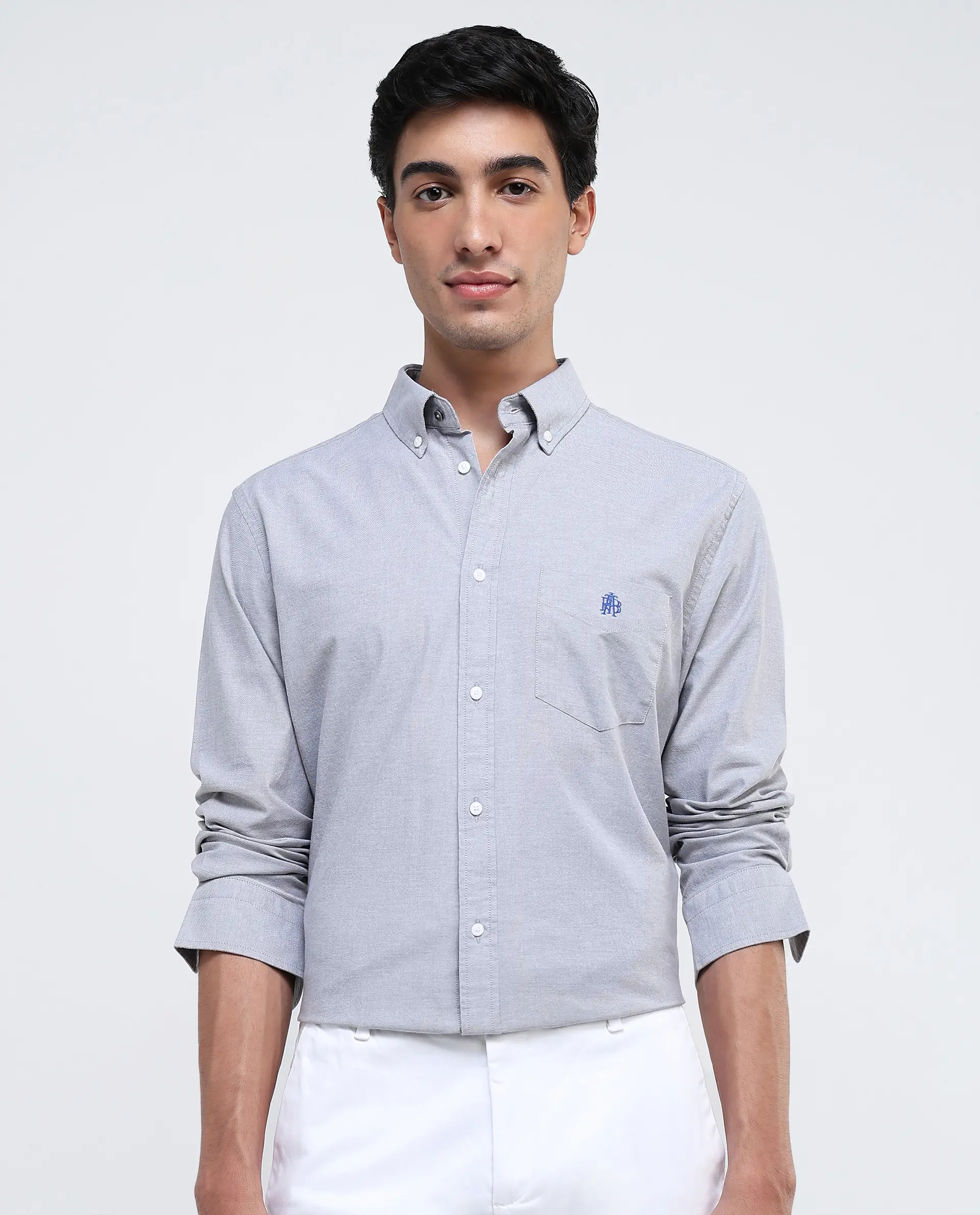 Rare Rabbit Men's Oxo Grey Cotton Blend Plain Regular Fit Full Sleeve Collared Shirt - Image 5