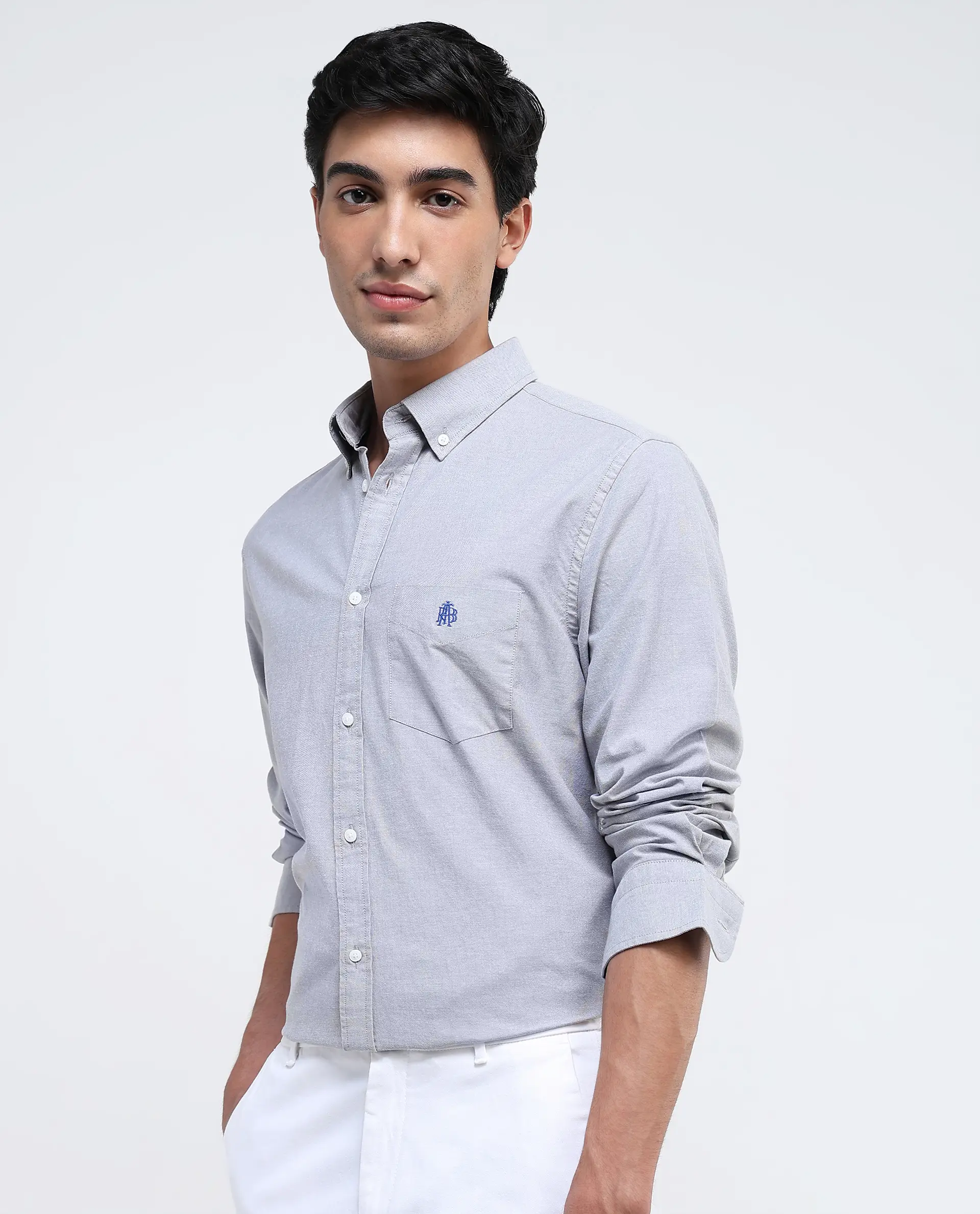Rare Rabbit Men's Oxo Grey Cotton Blend Plain Regular Fit Full Sleeve Collared Shirt - Image 6