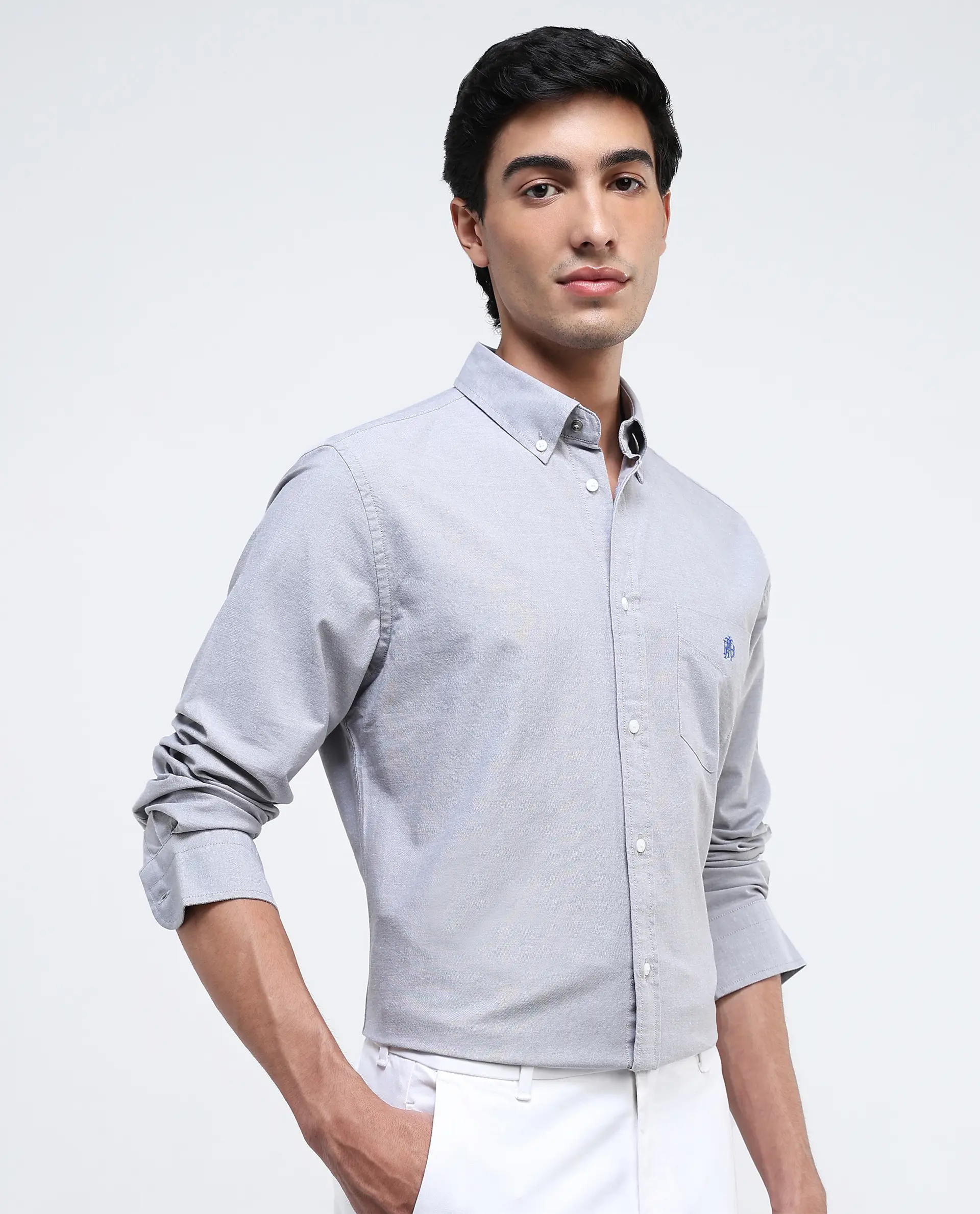 Rare Rabbit Men's Oxo Grey Cotton Blend Plain Regular Fit Full Sleeve Collared Shirt - Image 7