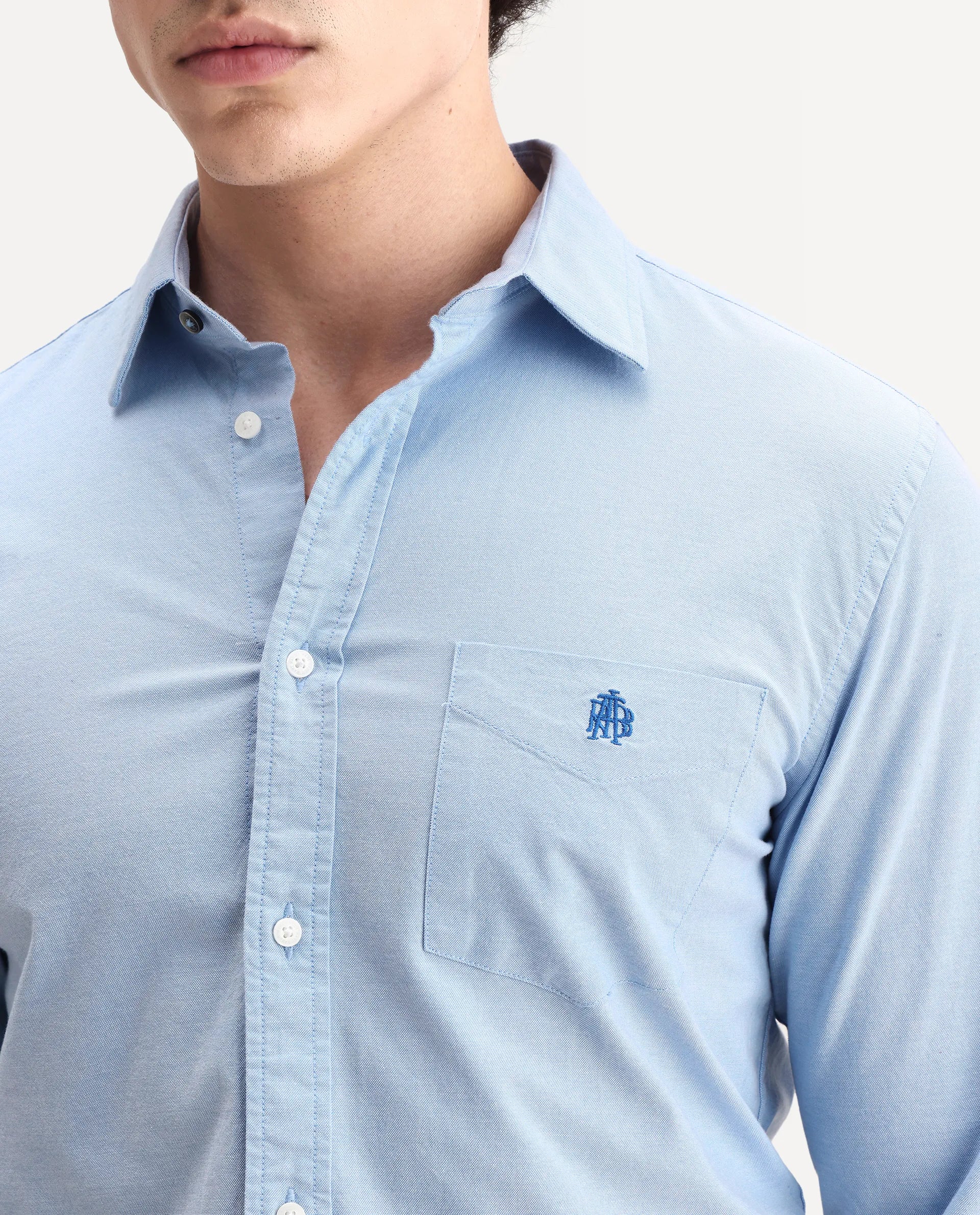 Rare Rabbit Men's Oxo Light Blue Cotton Blend Embroidered Regular Fit Full Sleeve Collared Shirt - Image 3