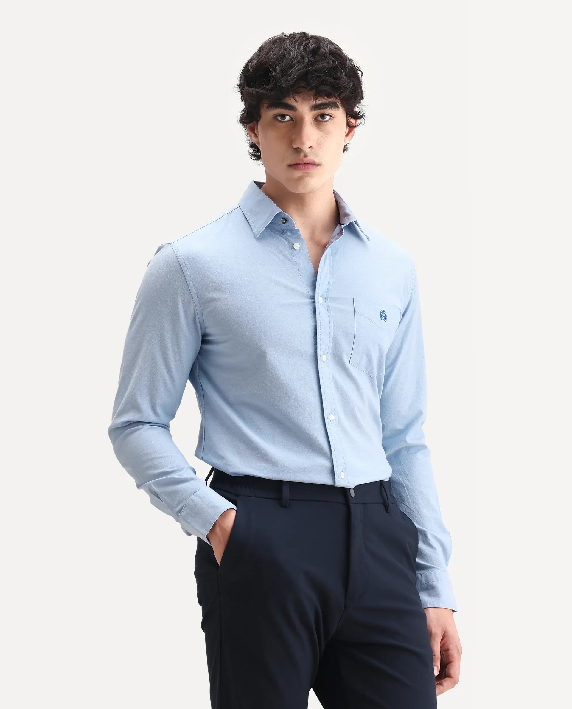 Rare Rabbit Men's Oxo Light Blue Cotton Blend Embroidered Regular Fit Full Sleeve Collared Shirt - Image 6