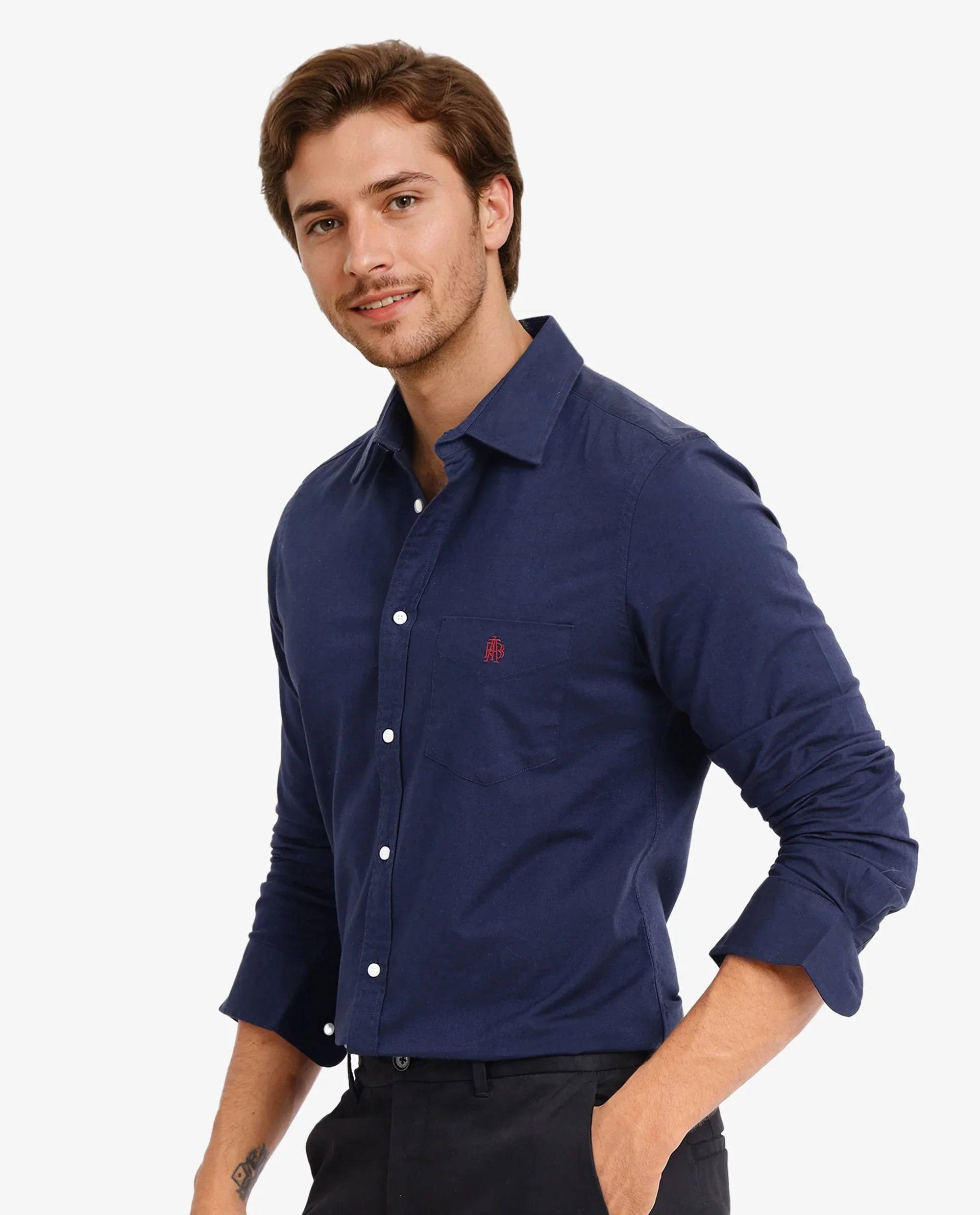 Rare Rabbit Men's Oxo Navy Cotton Blend Plain Regular Fit Full Sleeve Collared Shirt - Image 8