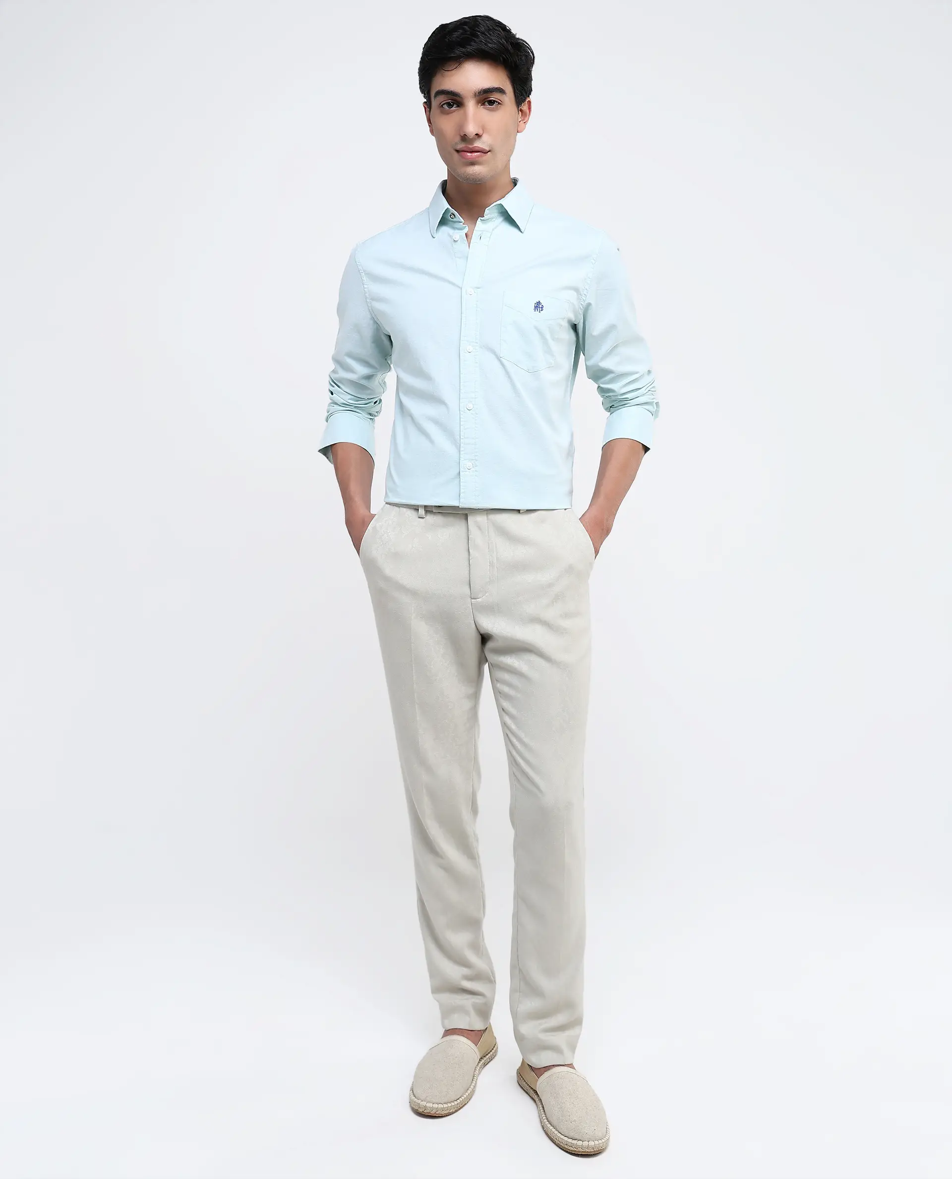 Rare Rabbit Men's Oxo Pastel Green Cotton Blend Plain Regular Fit Full Sleeve Collared Shirt - Image 2