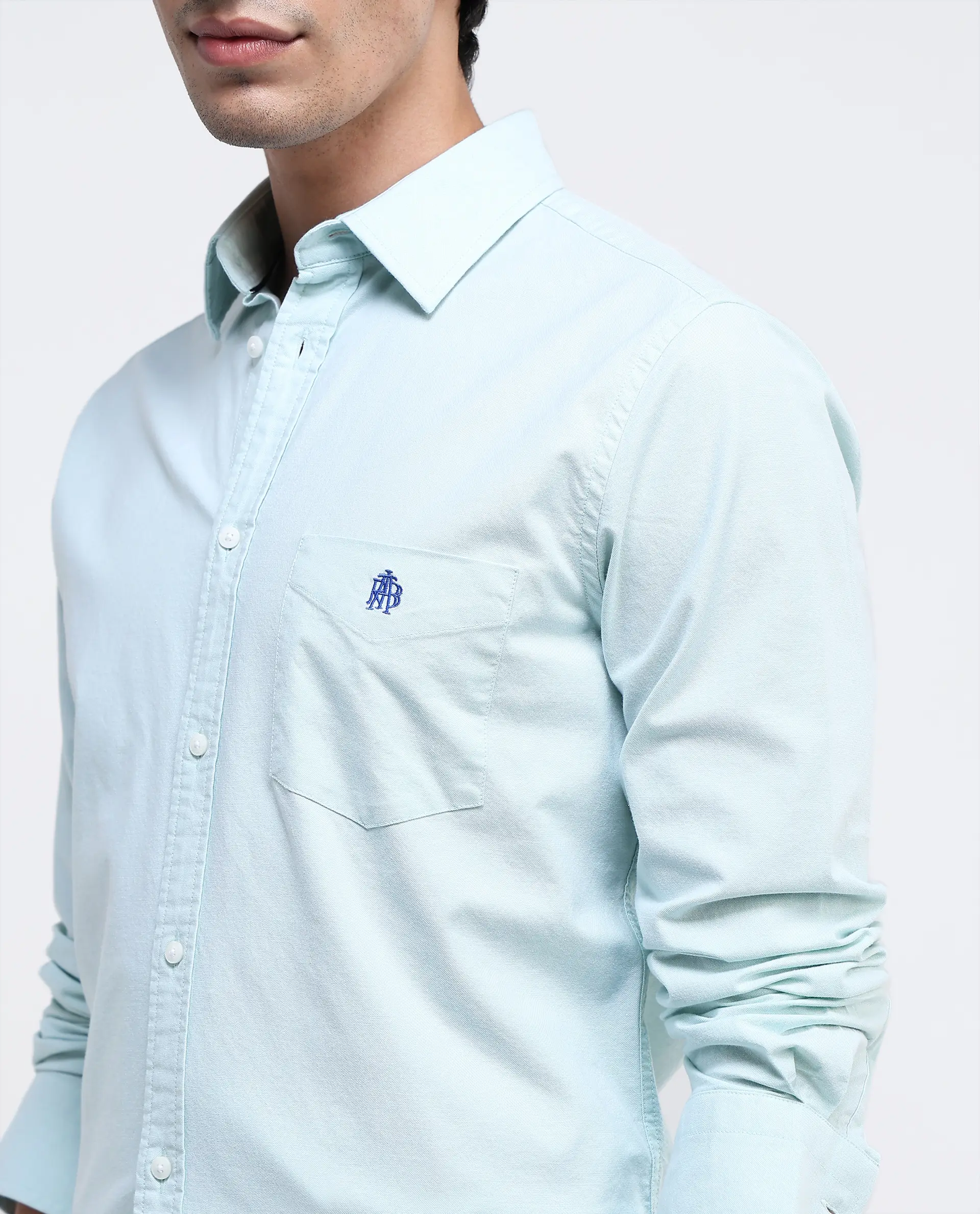 Rare Rabbit Men's Oxo Pastel Green Cotton Blend Plain Regular Fit Full Sleeve Collared Shirt - Image 3
