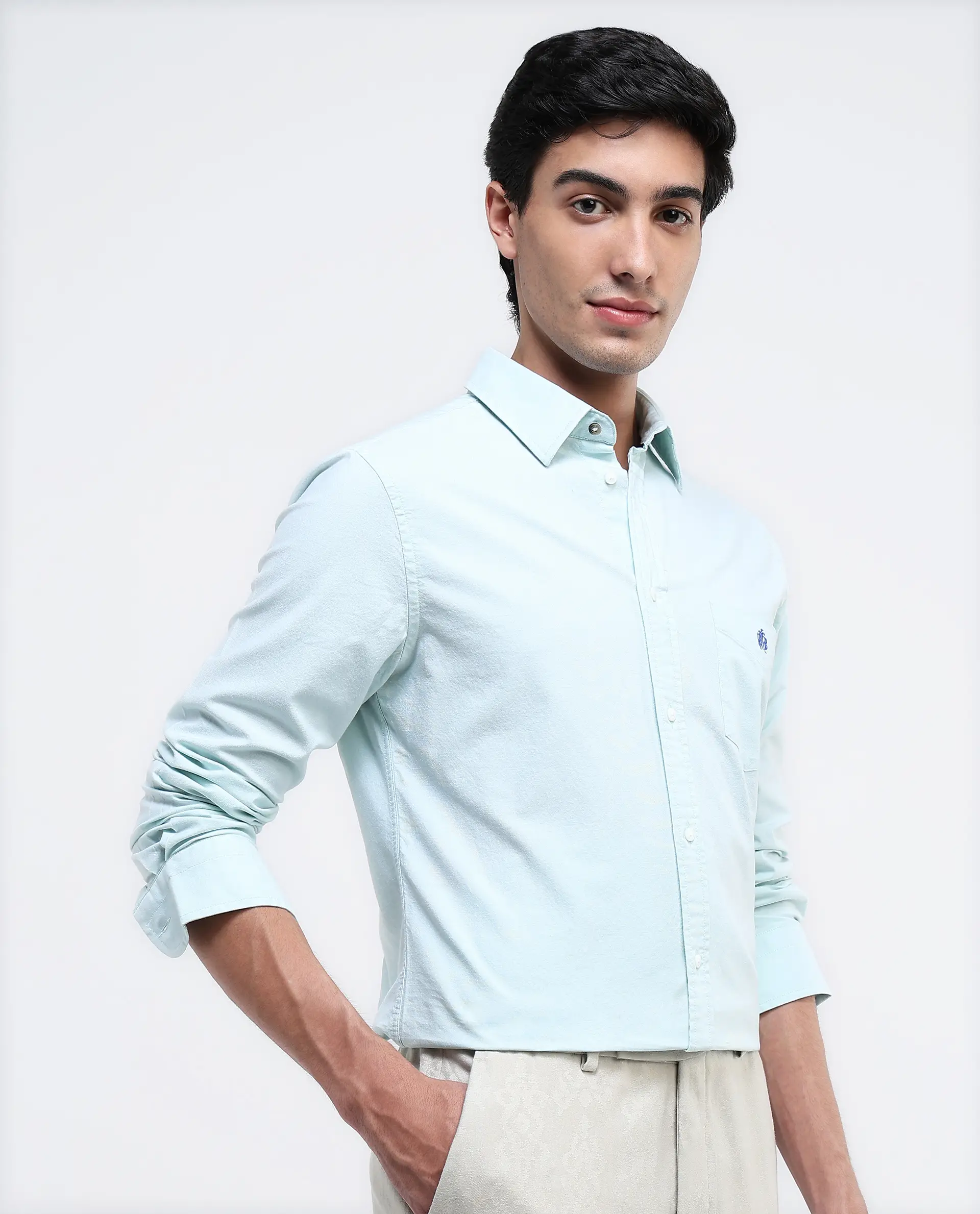Rare Rabbit Men's Oxo Pastel Green Cotton Blend Plain Regular Fit Full Sleeve Collared Shirt - Image 4