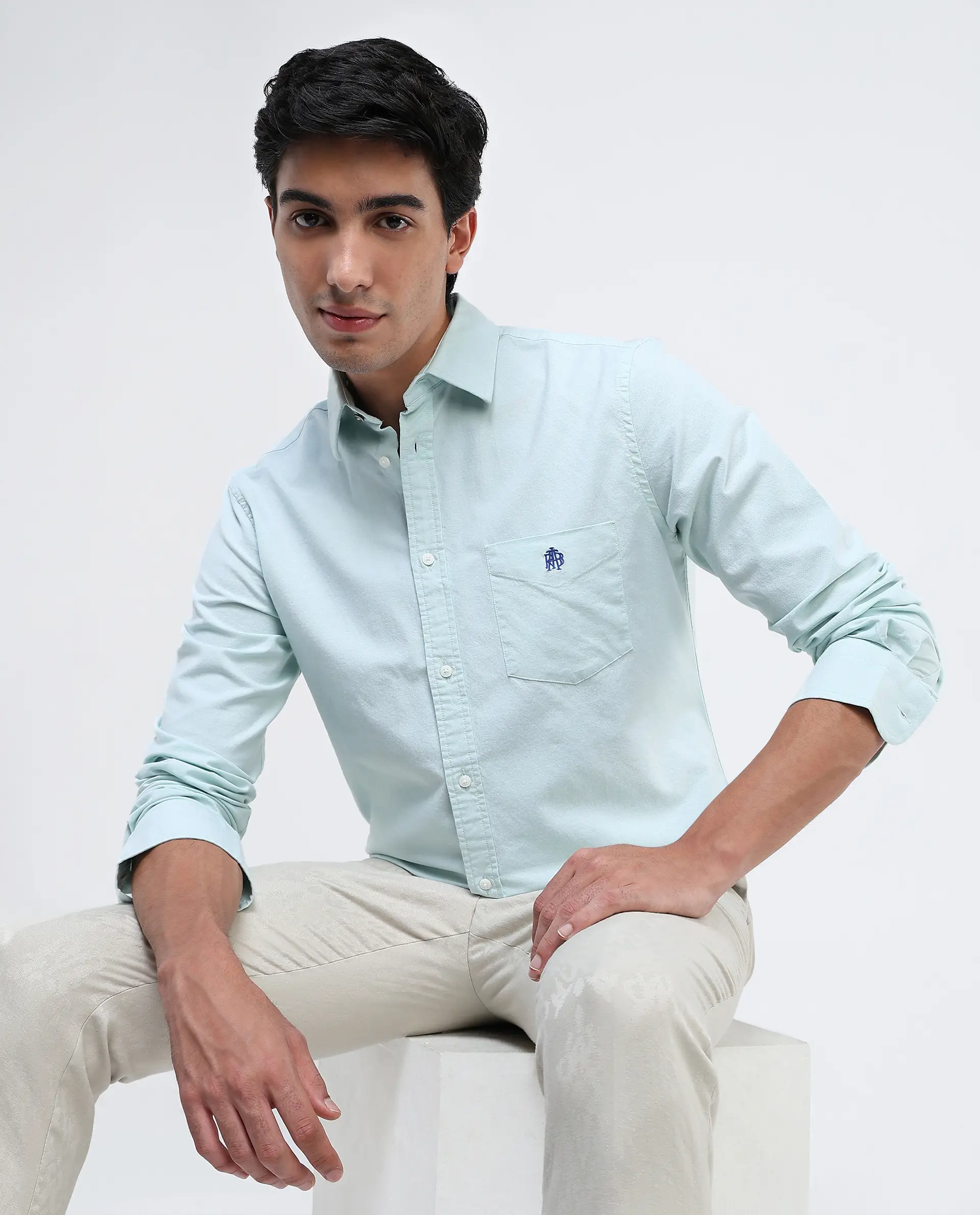 Rare Rabbit Men's Oxo Pastel Green Cotton Blend Plain Regular Fit Full Sleeve Collared Shirt - Image 5