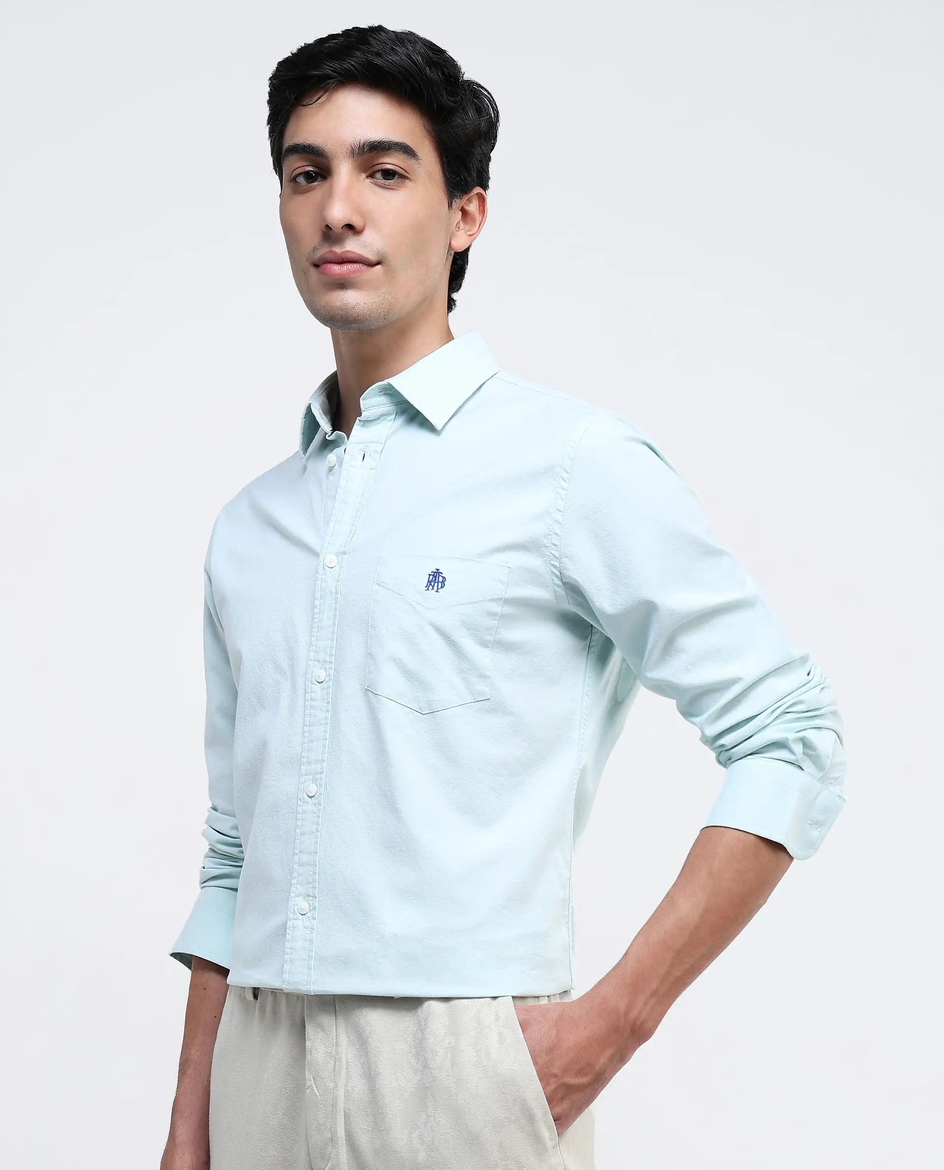 Rare Rabbit Men's Oxo Pastel Green Cotton Blend Plain Regular Fit Full Sleeve Collared Shirt - Image 7