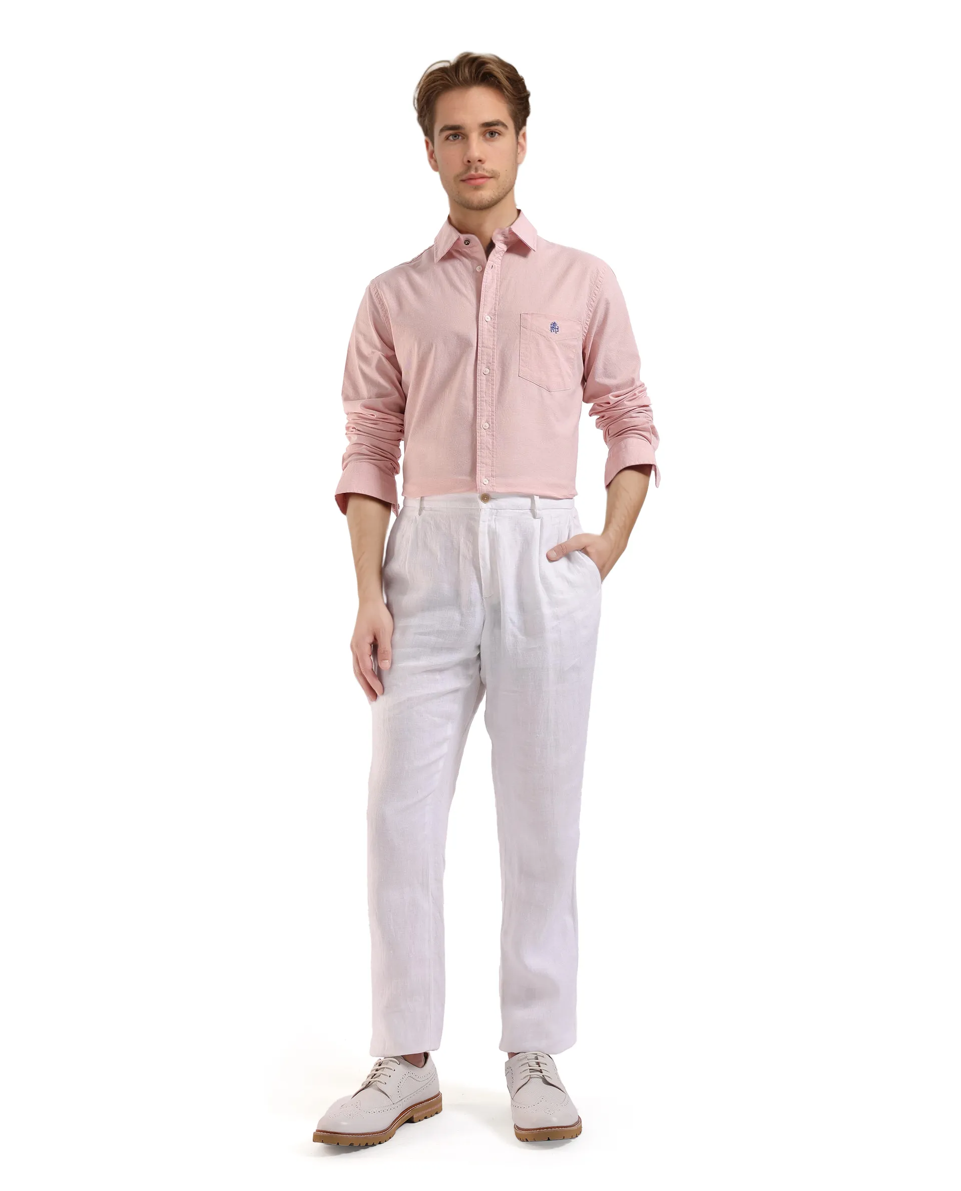 Rare Rabbit Men's Oxo Pastel Peach Cotton Blend Plain Regular Fit Full Sleeve Collared Shirt - Image 2