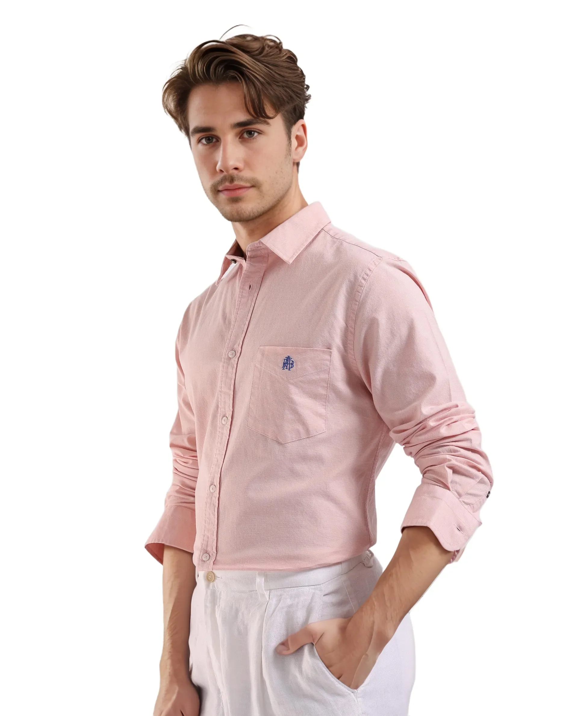 Rare Rabbit Men's Oxo Pastel Peach Cotton Blend Plain Regular Fit Full Sleeve Collared Shirt - Image 6