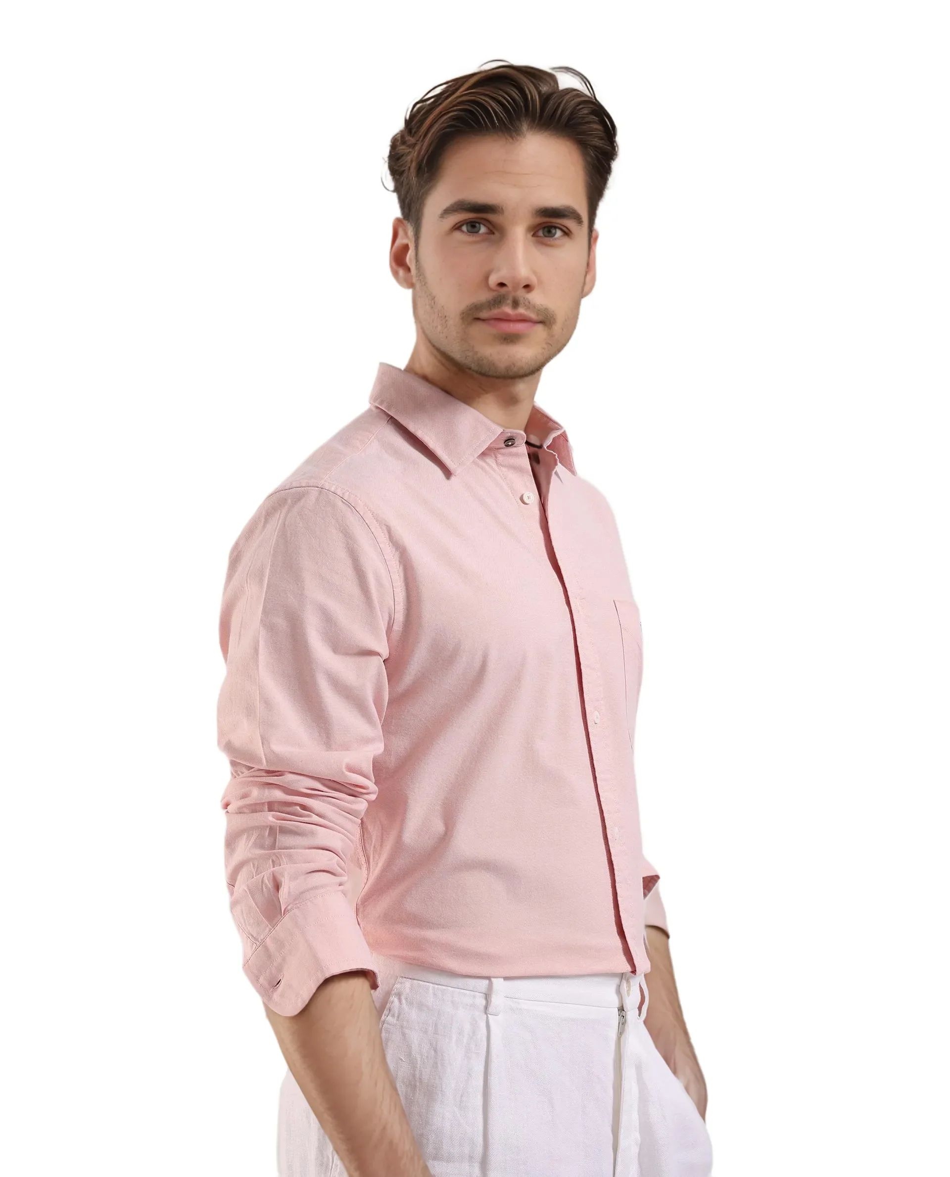 Rare Rabbit Men's Oxo Pastel Peach Cotton Blend Plain Regular Fit Full Sleeve Collared Shirt - Image 7