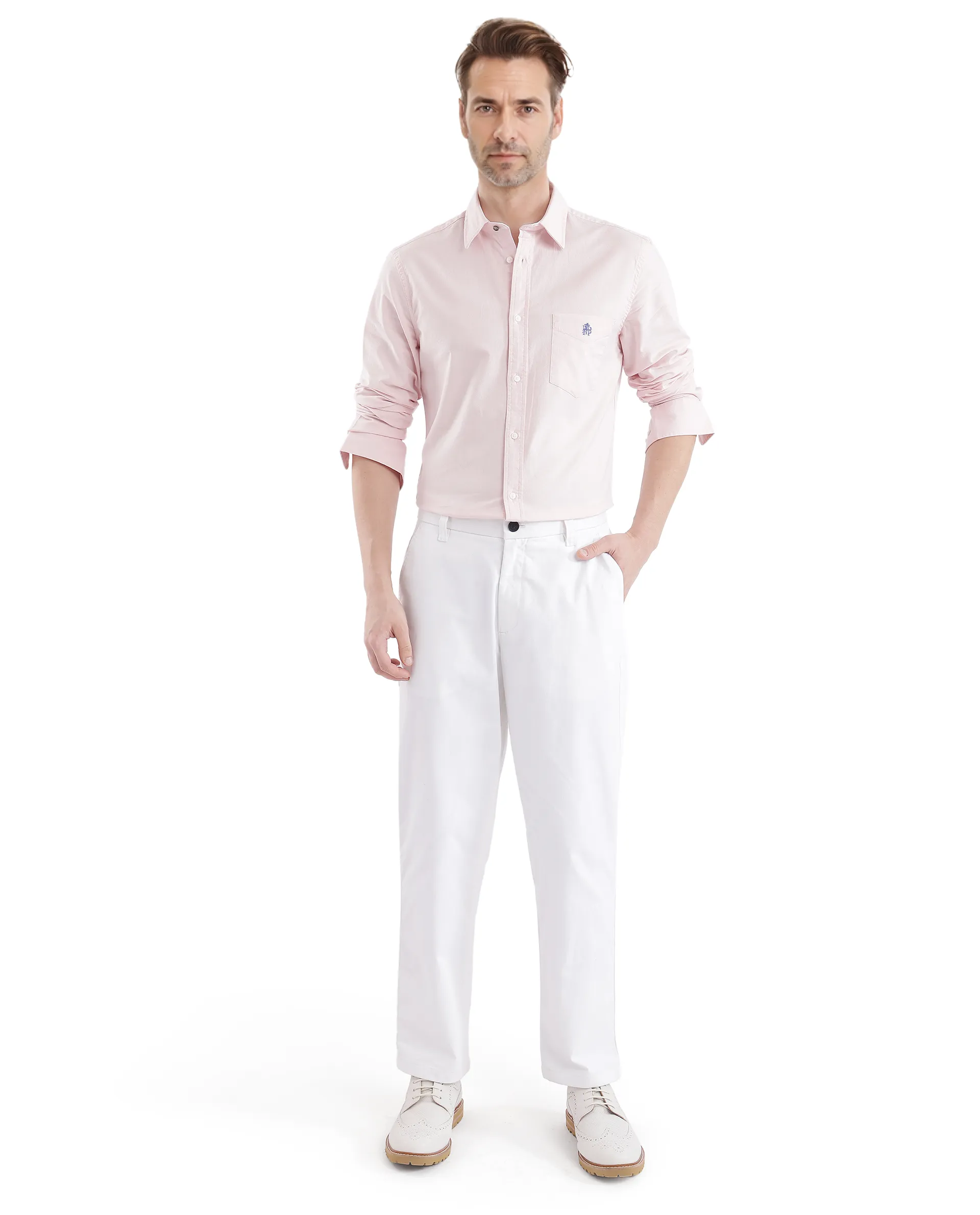 Rare Rabbit Men's Oxo Pastel Pink Cotton Blend Plain Regular Fit Full Sleeve Collared Shirt - Image 2