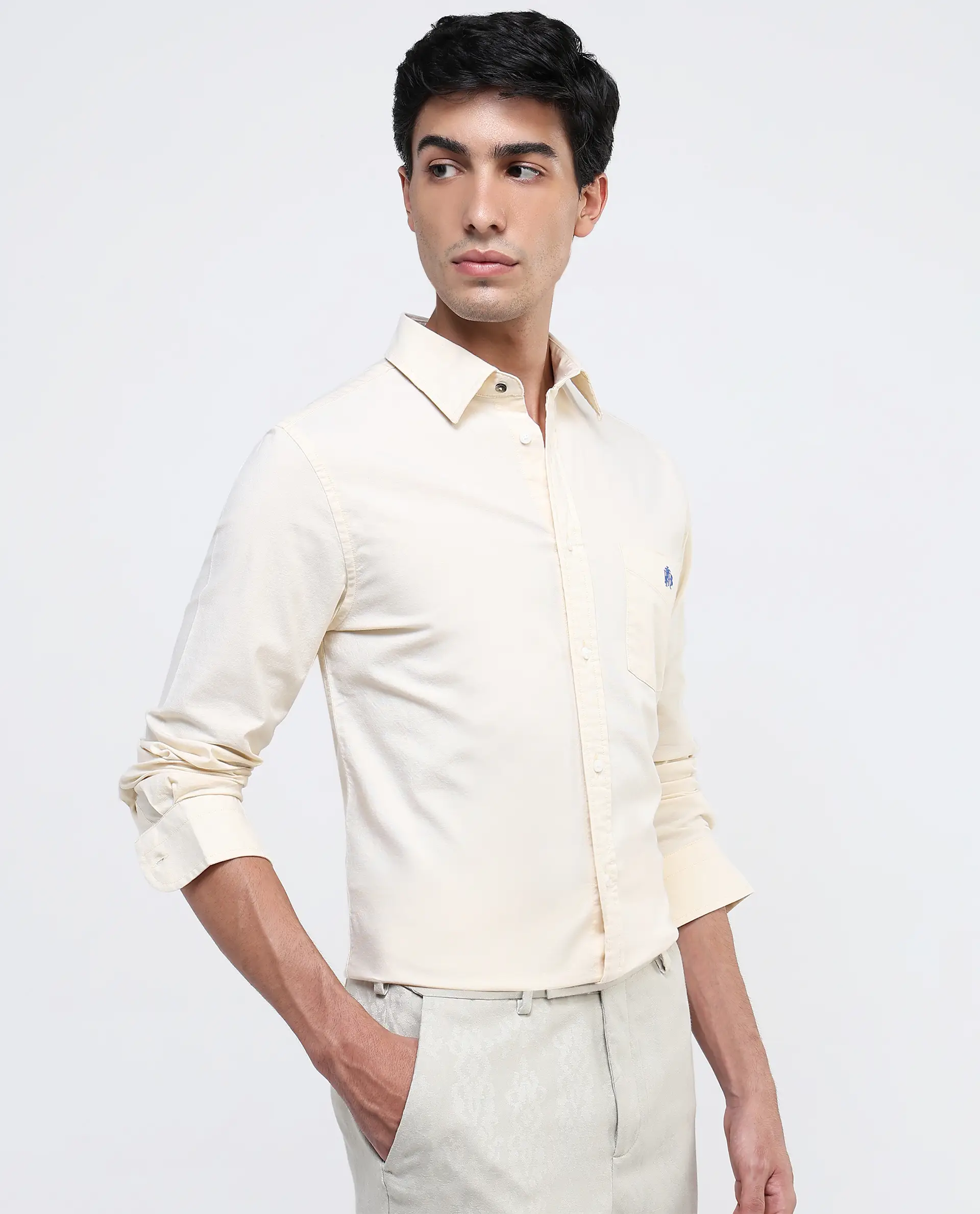 Rare Rabbit Men's Oxo Pastel Yellow Cotton Blend Plain Regular Fit Full Sleeve Collared Shirt - Image 7