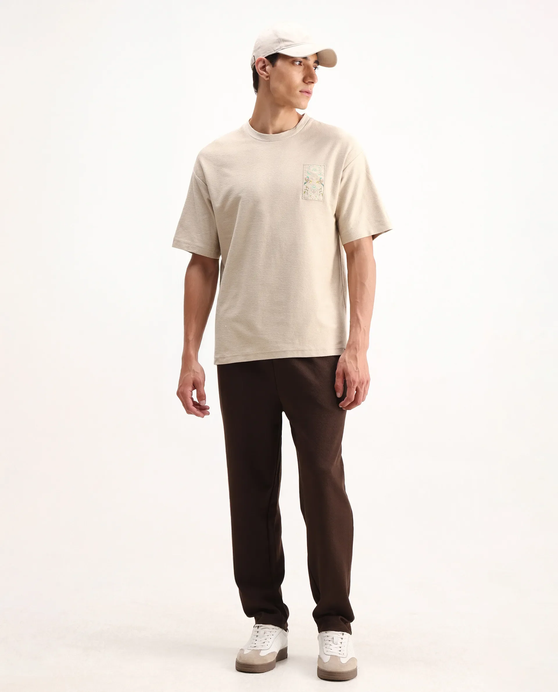 Rare Rabbit Men's Oxo Beige Cotton Embroidered Oversized Fit Half Sleeve Crew Neck T-Shirt - Image 2