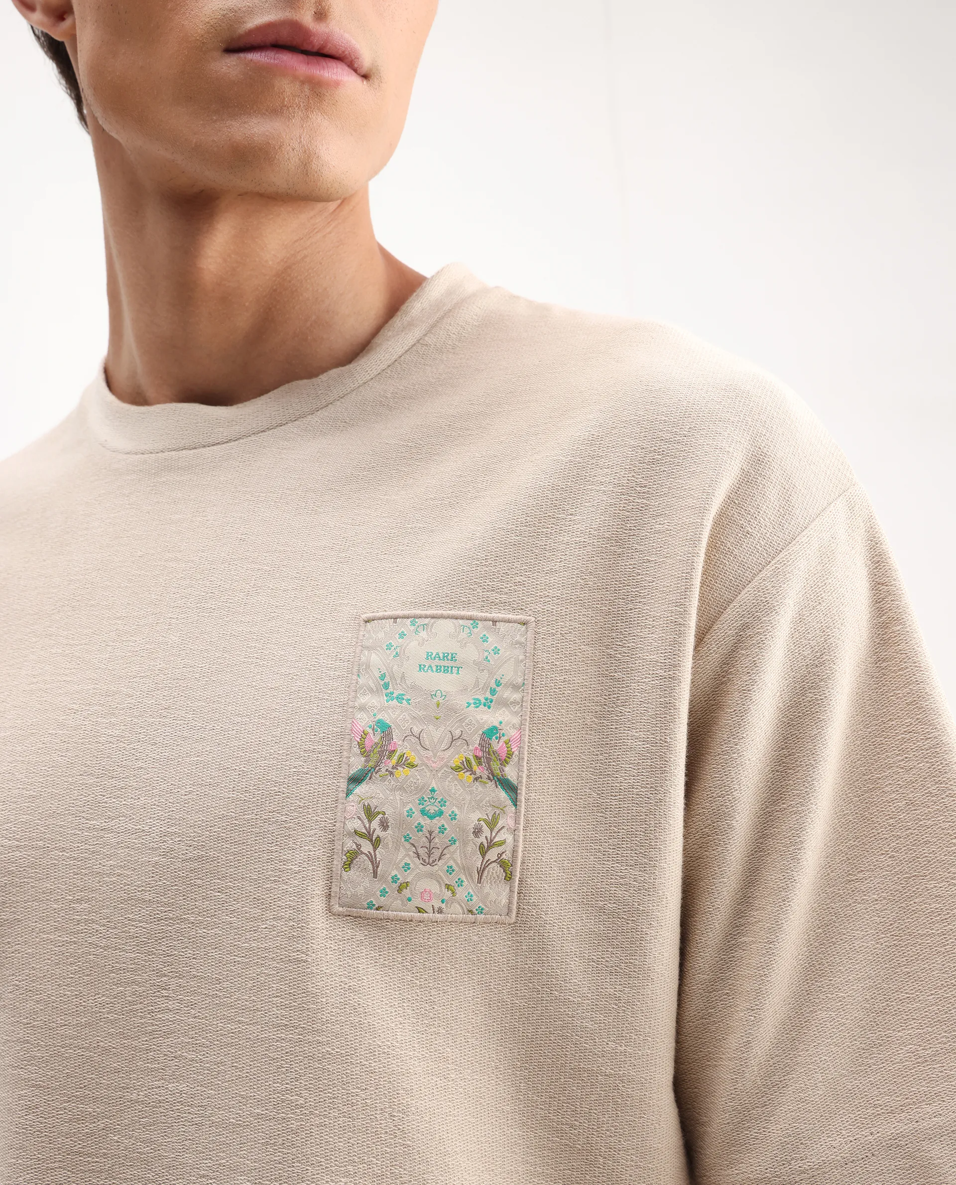 Rare Rabbit Men's Oxo Beige Cotton Embroidered Oversized Fit Half Sleeve Crew Neck T-Shirt - Image 3