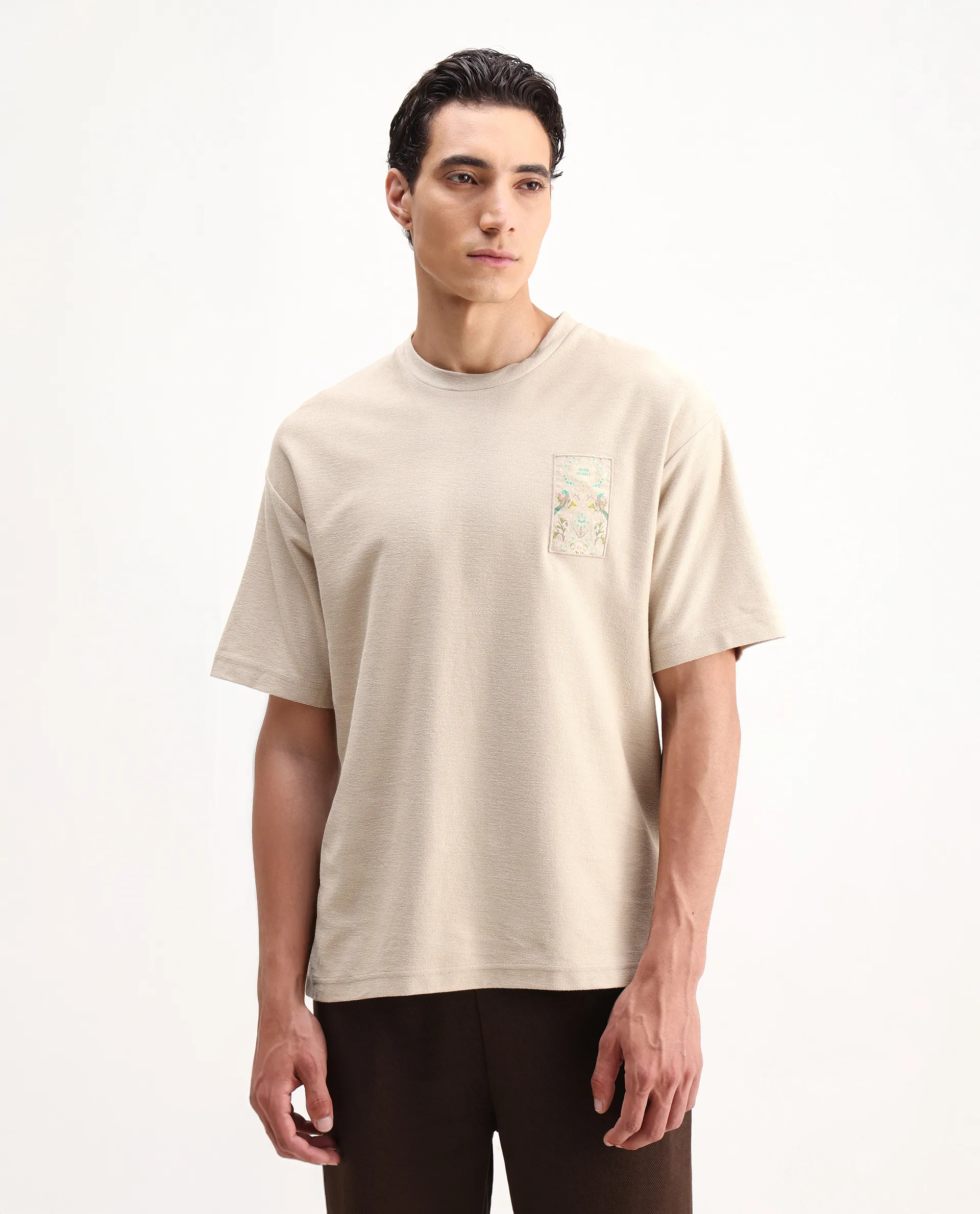 Rare Rabbit Men's Oxo Beige Cotton Embroidered Oversized Fit Half Sleeve Crew Neck T-Shirt - Image 4