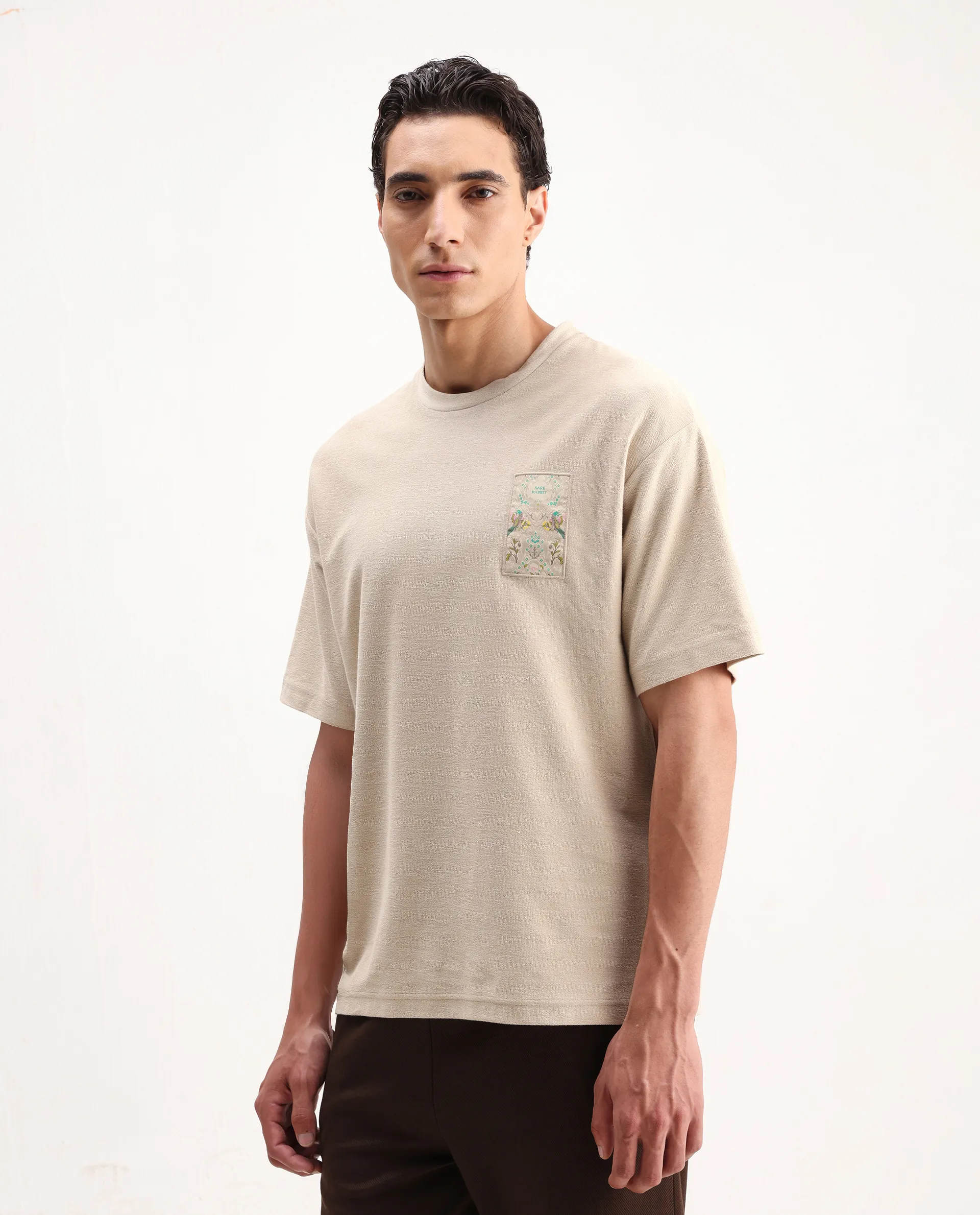 Rare Rabbit Men's Oxo Beige Cotton Embroidered Oversized Fit Half Sleeve Crew Neck T-Shirt - Image 5