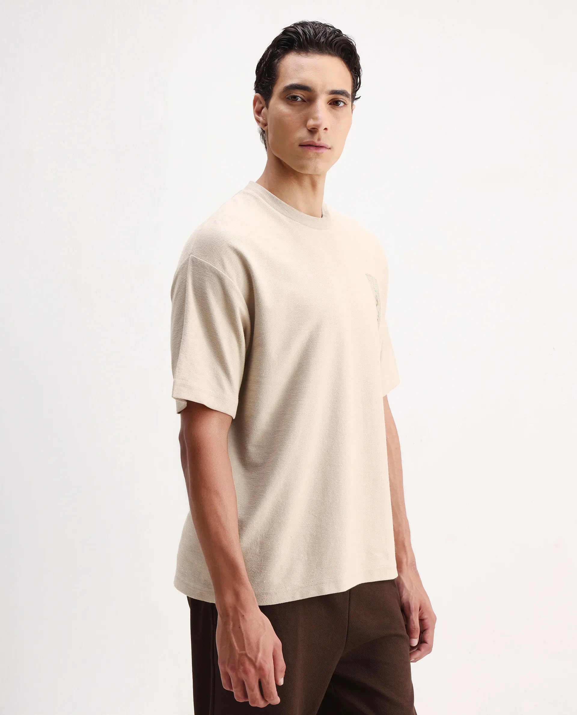 Rare Rabbit Men's Oxo Beige Cotton Embroidered Oversized Fit Half Sleeve Crew Neck T-Shirt - Image 6