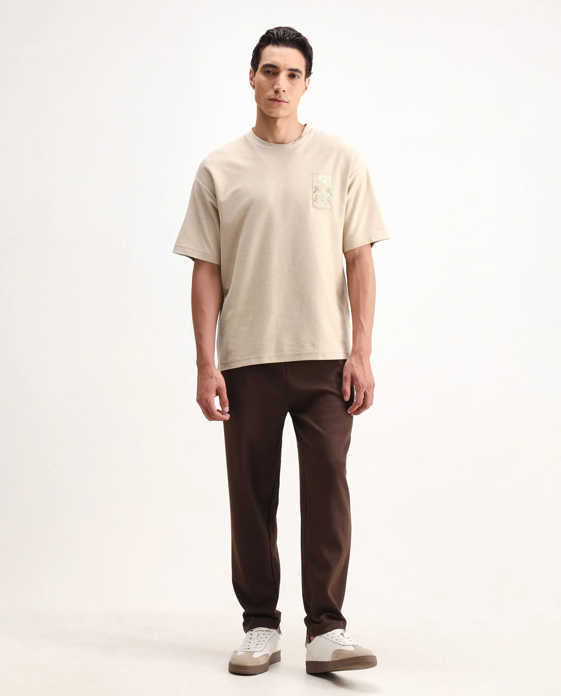 Rare Rabbit Men's Oxo Beige Cotton Embroidered Oversized Fit Half Sleeve Crew Neck T-Shirt - Image 7