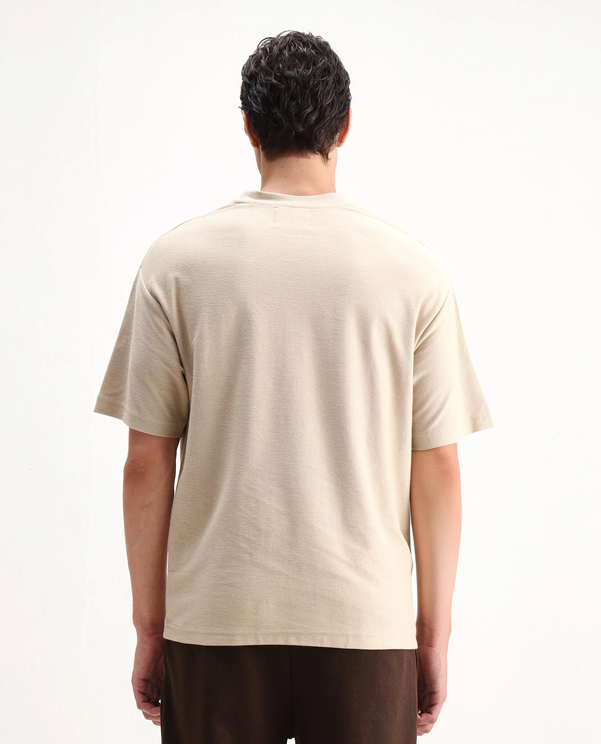 Rare Rabbit Men's Oxo Beige Cotton Embroidered Oversized Fit Half Sleeve Crew Neck T-Shirt - Image 8
