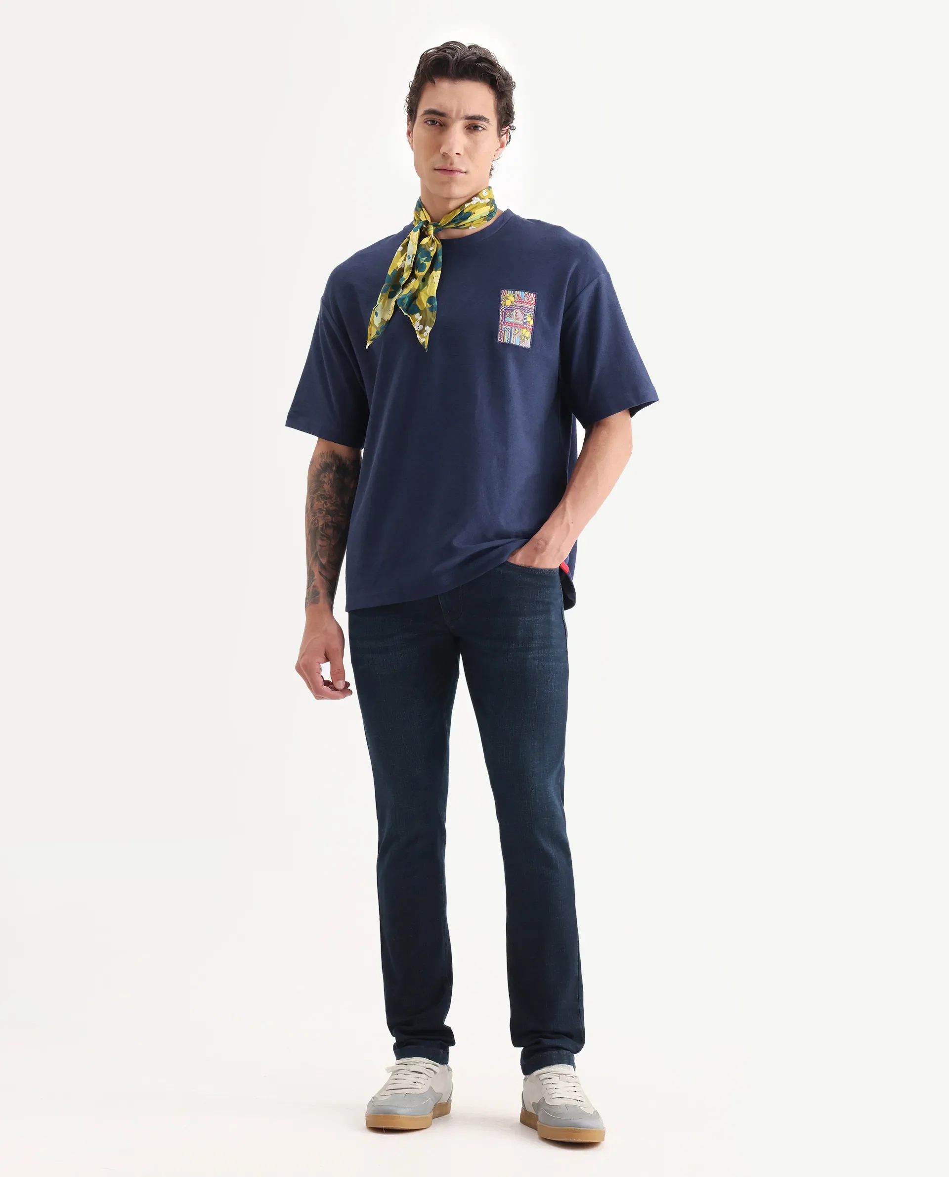 Rare Rabbit Men's Oxo Dark Blue Cotton Embroidered Oversized Fit Half Sleeve Crew Neck T-Shirt - Image 2
